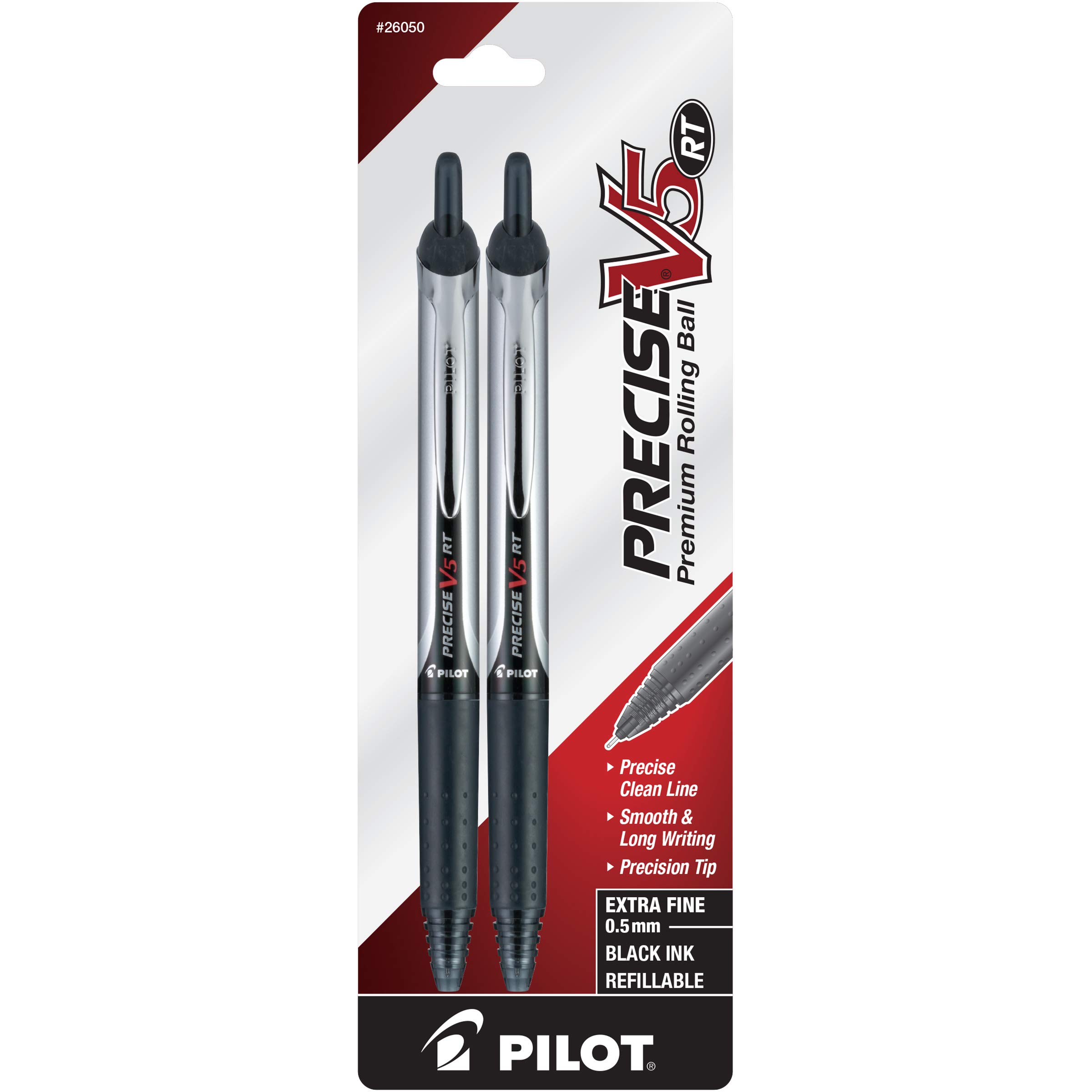 Pilot Precise V5 RT Retractable Liquid Ink Rolling Ball Pens - Extra Fine 0.5mm Black Ink - 2-Pack (26050) - Perfect for Note Taking, Journaling & Office Work