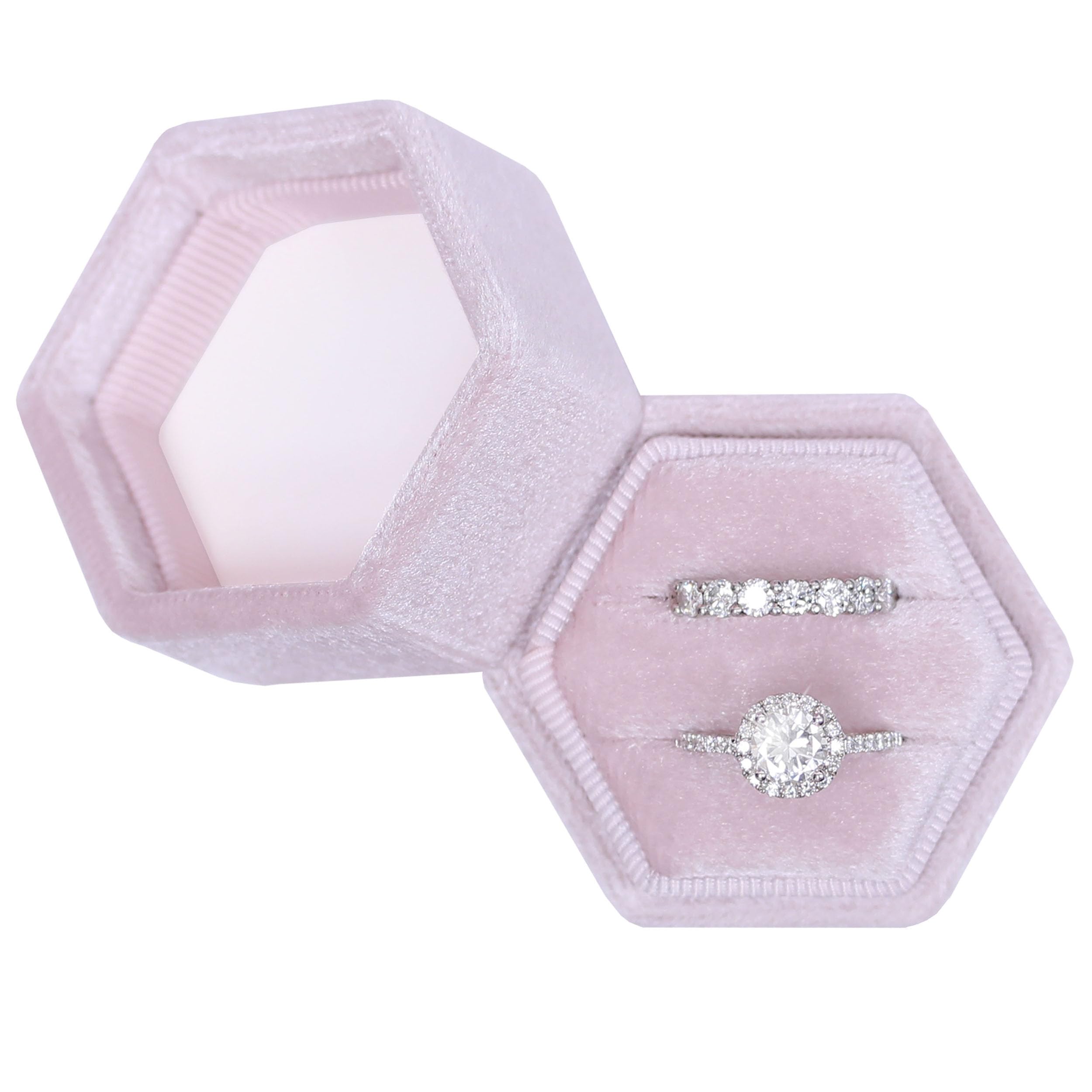Hexagon Velvet Jewelry Ring Box - 2 Slots Engagement Ring Holder with Detachable Lid for Wedding, Proposal & Ceremony (Ballet Pink) | Perfect for Bridal Showers, Anniversary Gifts & Romantic Surprises