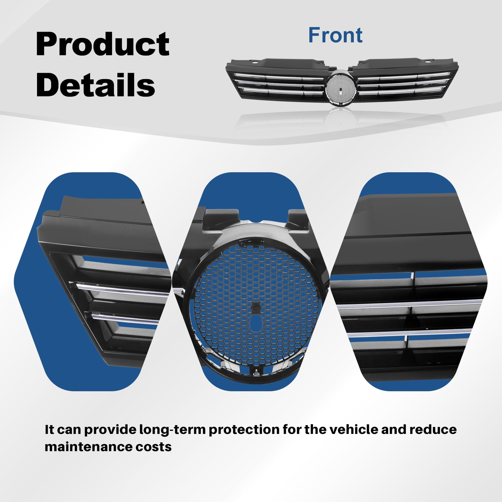 Chrome & Black Front Grill Grille for 2011-2014 Volkswagen Jetta Sedan - OEM 5C6853651AZLL VW1200149 Replacement - Perfect for Car Upgrades & Customization