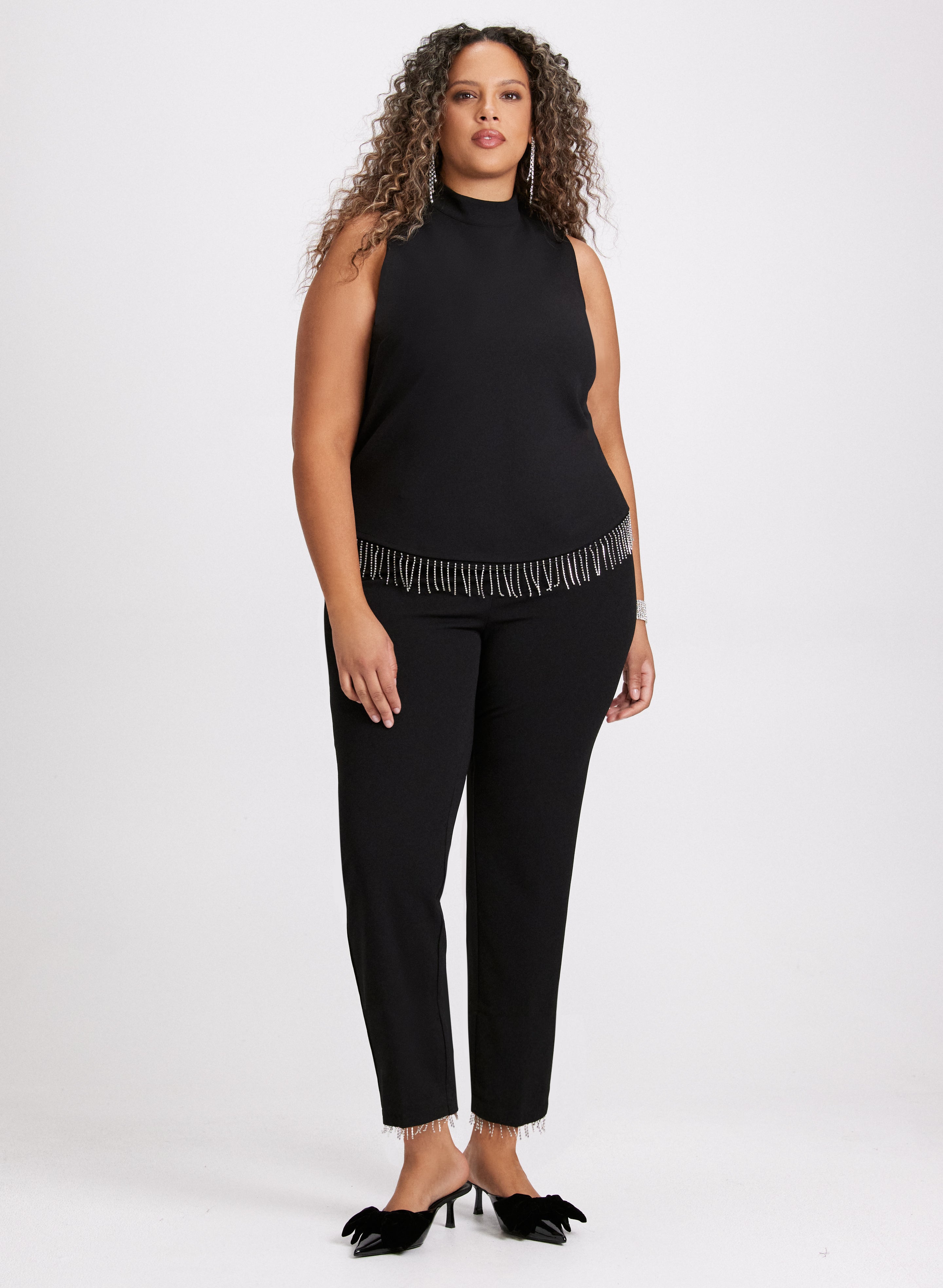 Emma Crystal Fringe Slim Leg Pants for Women - Elegant High Waisted Party Pants with Rhinestone Details - Perfect for Evening Events, Night Out & Special Occasions