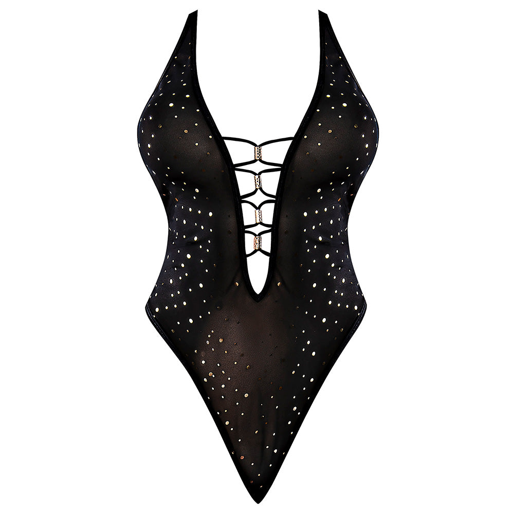 Exposed Glitz & Glam Plunging Low Back Sequin Mesh Teddy for Curvy Women - Perfect for Evening Parties, Date Nights & Special Occasions