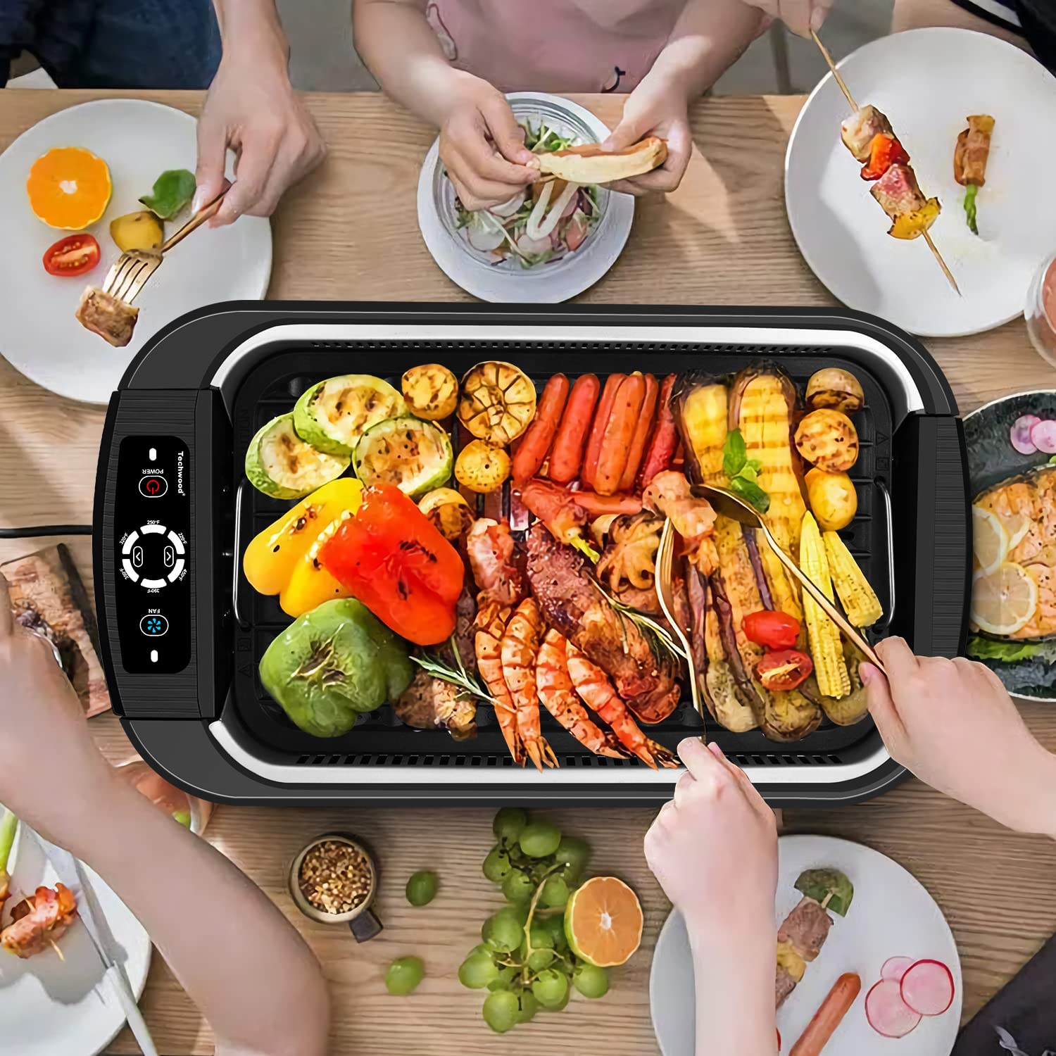 Techwood 1500W Smokeless Indoor Electric Grill - 2-in-1 Nonstick Grill & Griddle Plates, 6-Level Temperature Control, Portable Korean BBQ Grill with Glass Lid, Dishwasher Safe (Black) - Perfect for Home Cooking, Family Gatherings & Apartment Living