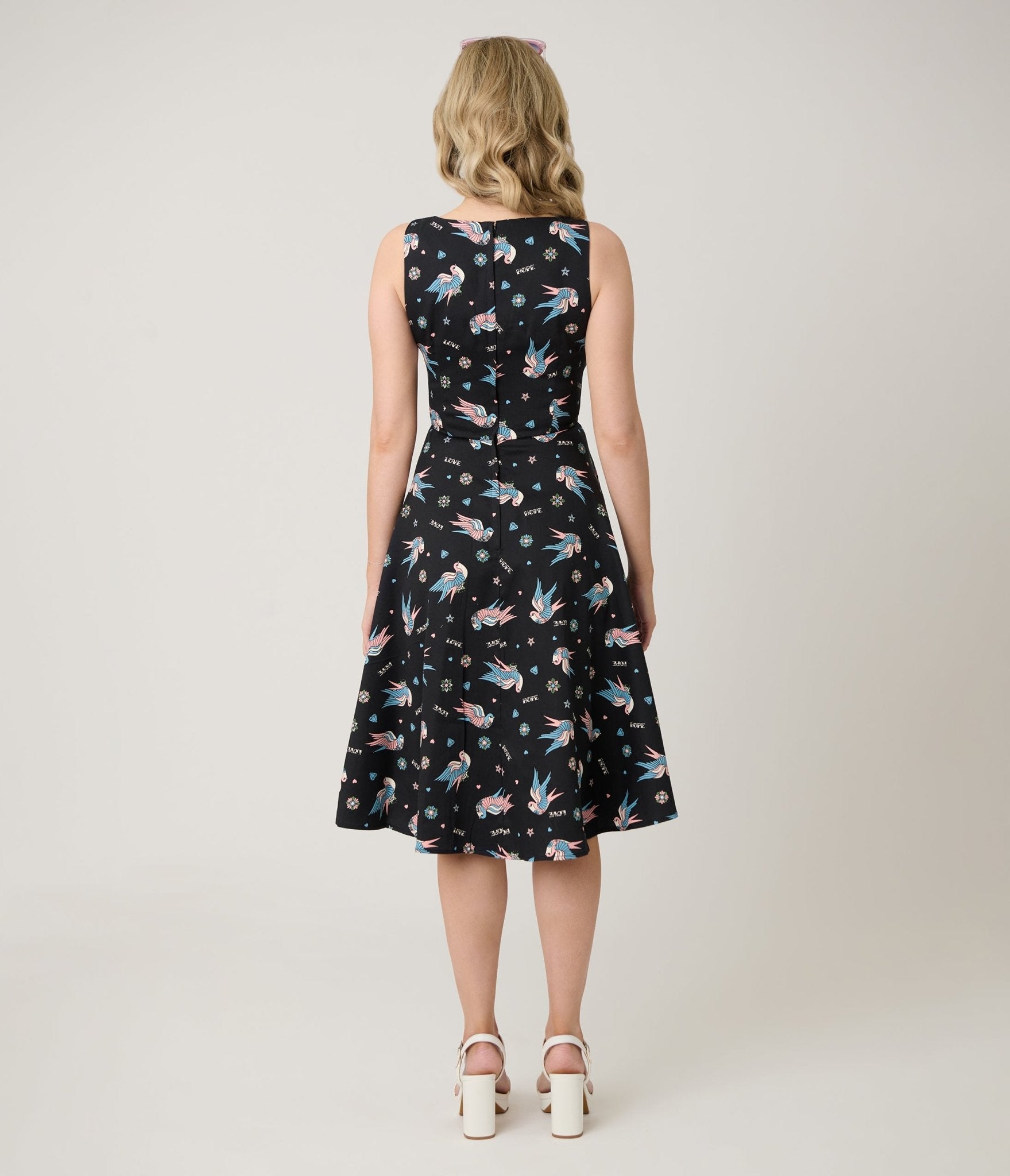 Royal Monk Black & Blue Swallow Print Marilou Swing Dress - Vintage Floral Summer Dress for Women, Boho Chic Party & Beach Wear, Perfect for Casual Outings & Date Nights