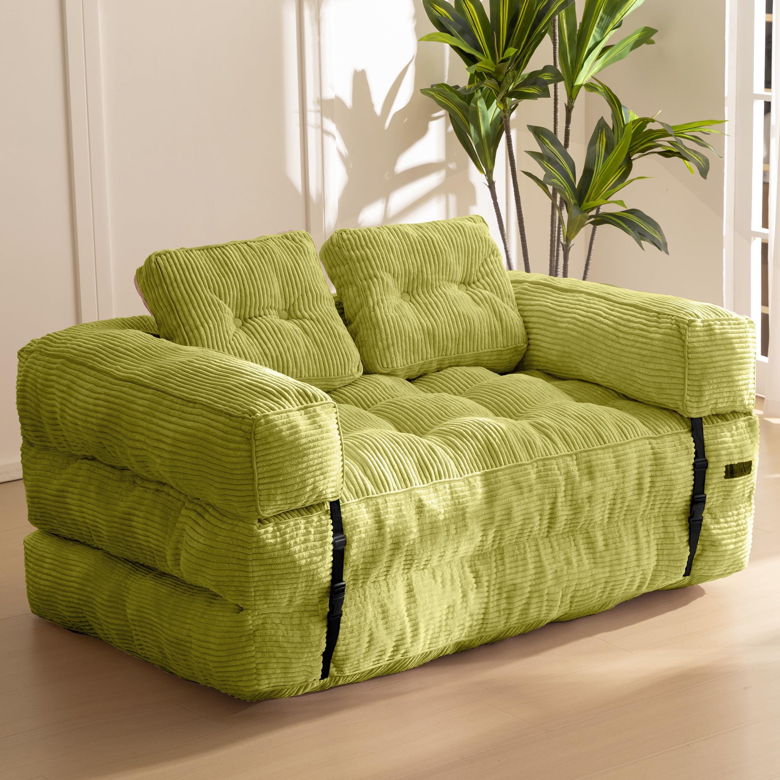 MAXYOYO L-Shaped Folding Sofa Bed - Convertible Sleeper Couch with Armrest & Pillow, Portable Foldable Floor Lounge Chair for Living Room & Bedroom - Double Size in Green | Perfect for Small Spaces, Guest Rooms & Studio Apartments