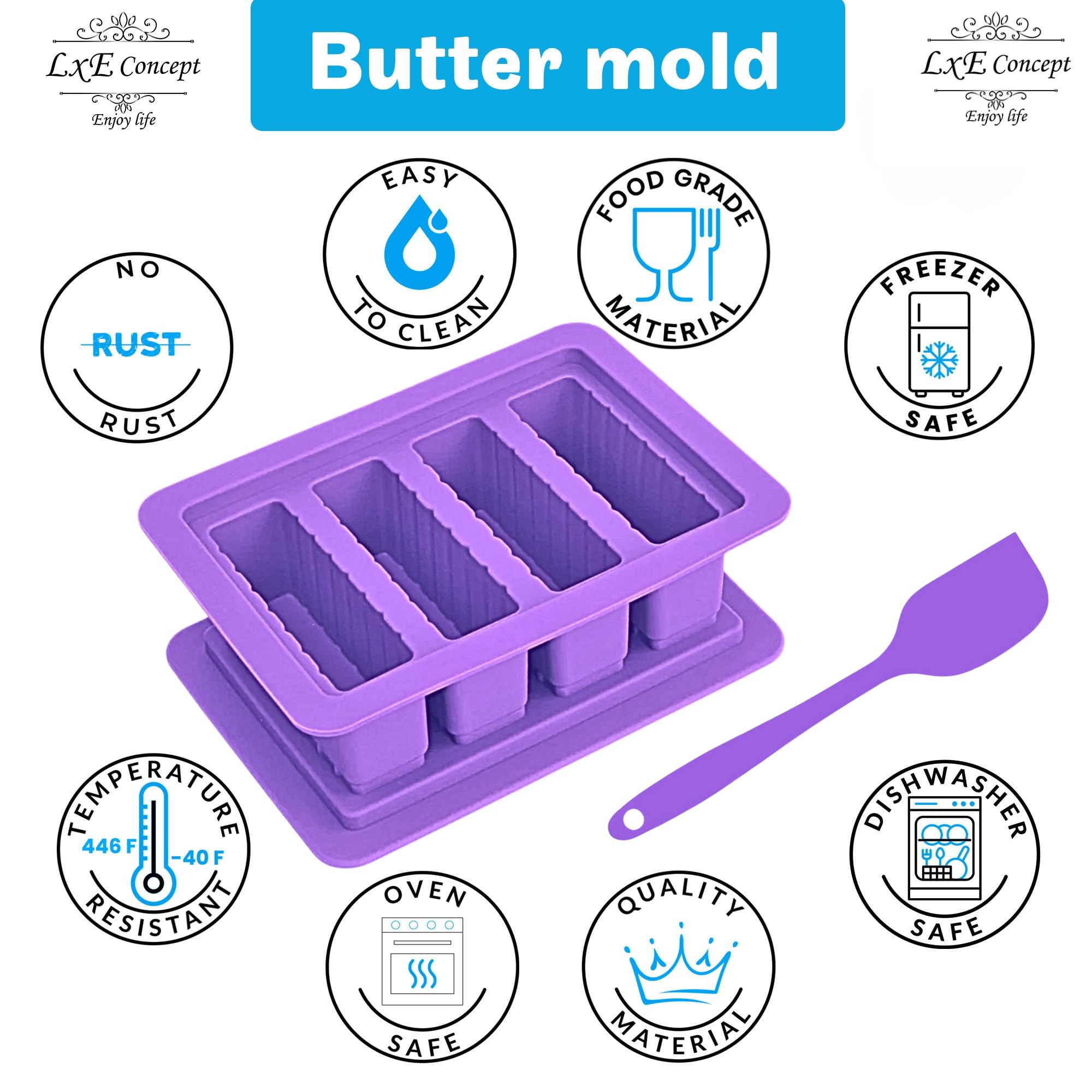Silicone Butter Molds with Lid & Spatula - 4 Stick Forms for Herb Butter, Baking, Candles & Cookies | Reusable Purple Butter Tray for Kitchen, DIY Gifts & Party Decorations