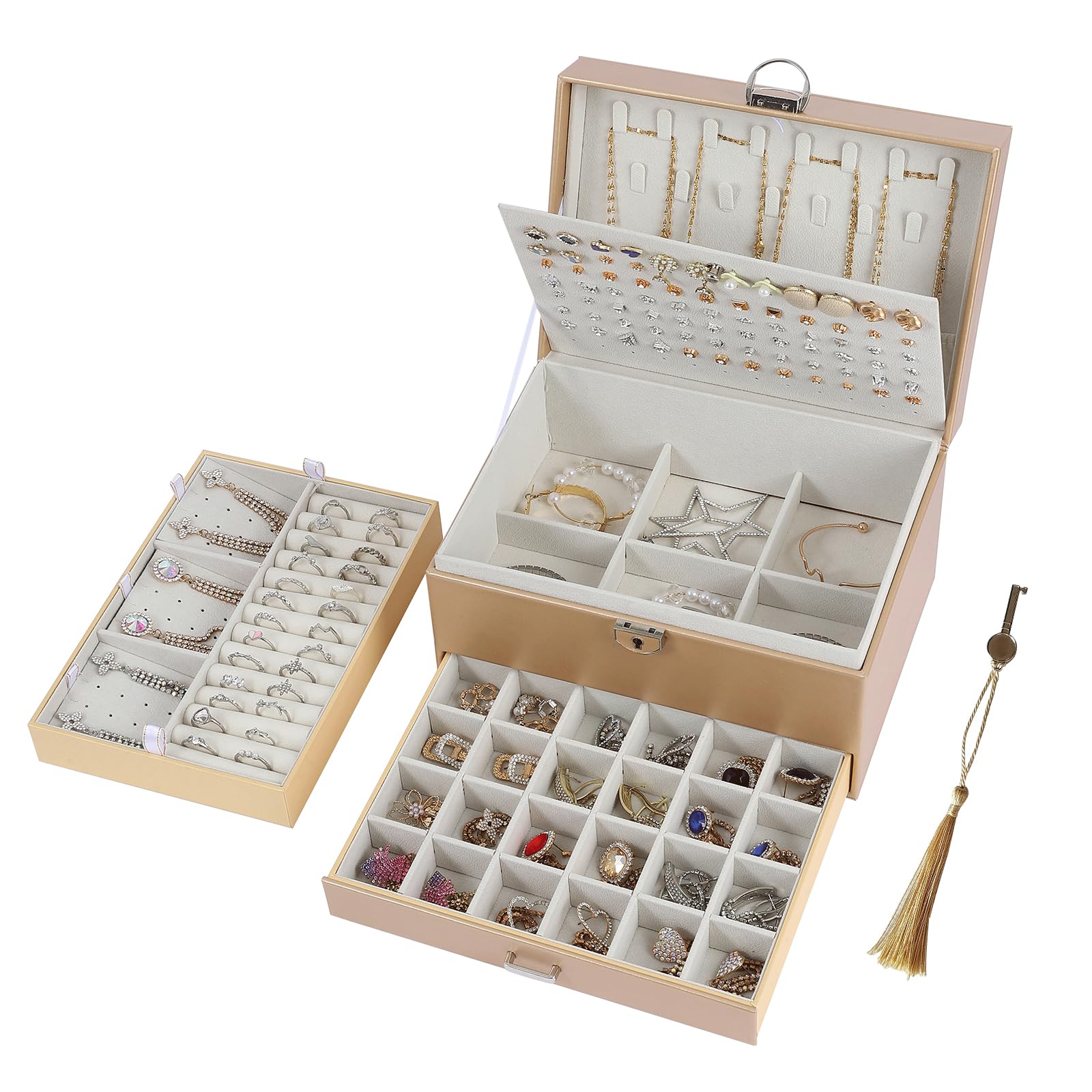 5-Layer Jewelry Organizer Box with Lock - Earring, Necklace & Ring Storage for Women & Girls - Perfect for Travel, Gifts & Home Decor (Champagne)