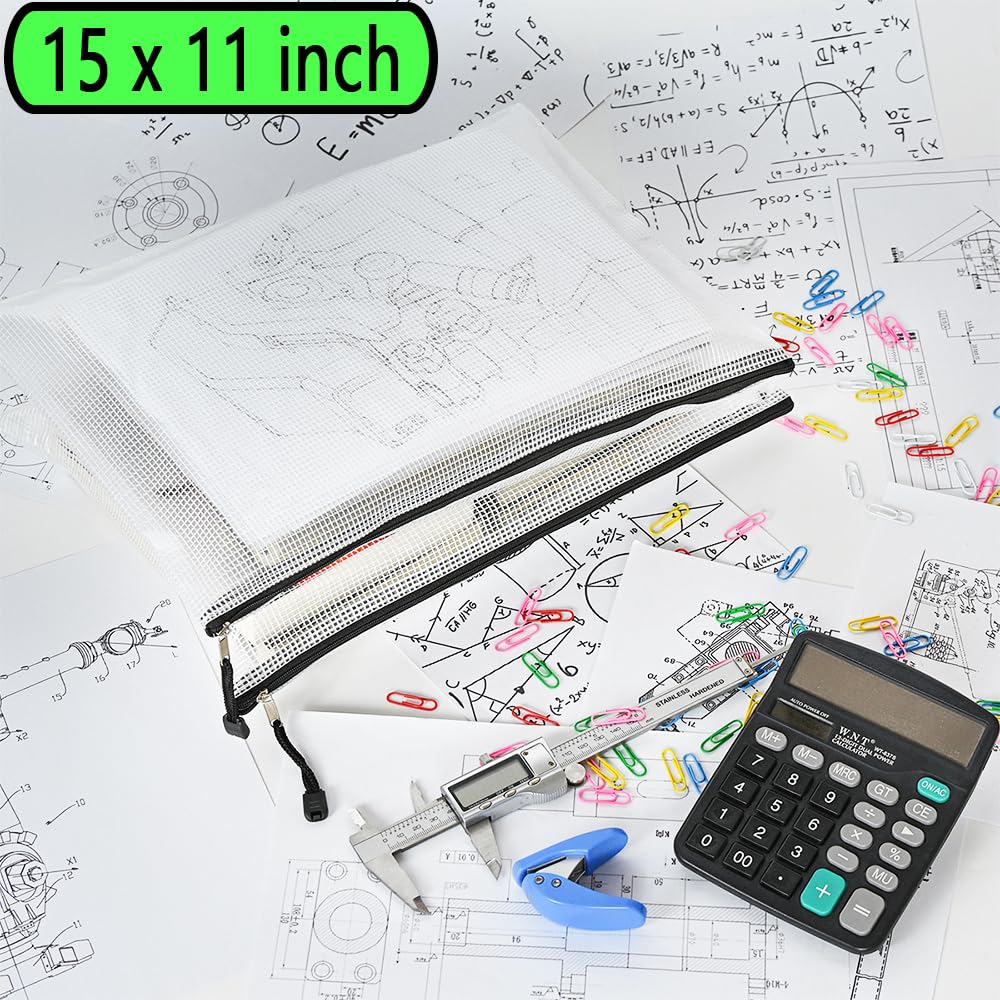 10-Pack Waterproof Mesh Zipper File Bags - Multi-Size Document Organizer for Office & School Supplies - Durable Plastic Storage Pouches for Board Games, Travel & Craft Organization (White & Black)