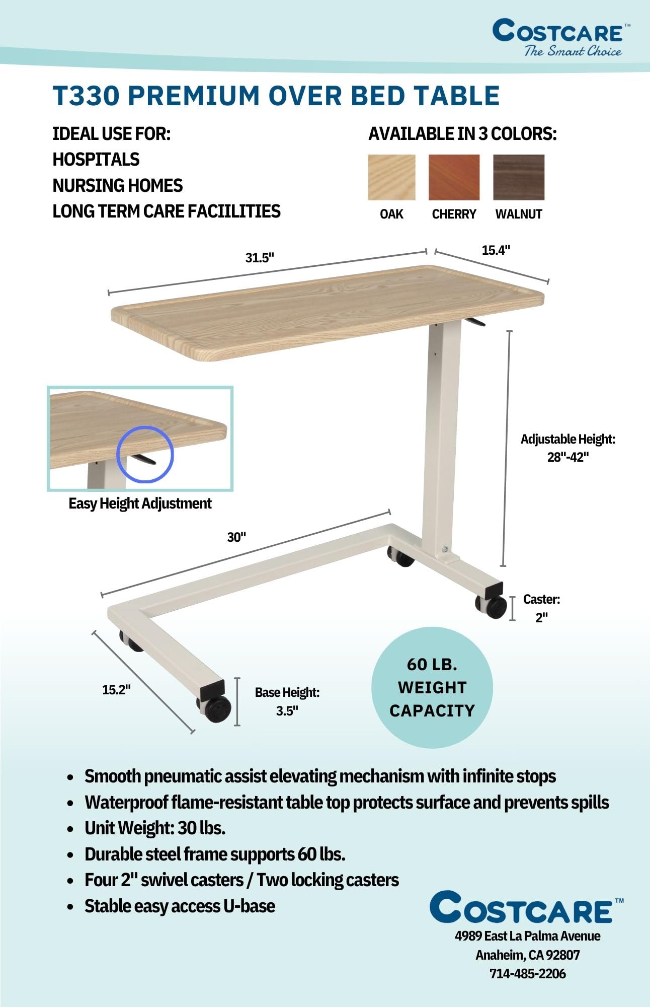 Overbed Table with Wheels - Adjustable Height Hospital Bed Table for Home & Medical Use, 60lbs Capacity Oak Bedside Desk - Perfect for Eating, Working, Reading in Bed or Recovery