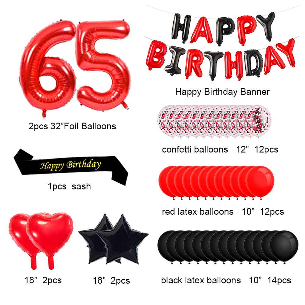 65th Birthday Party Decorations Set - Red & Black Happy Birthday Banner, Number 65 Balloons, Sash with Latex & Confetti Balloons for Women's Milestone Celebration - Perfect for 65 or 56 Year Old Birthday Parties, Retirement Celebrations & Anniversary Events