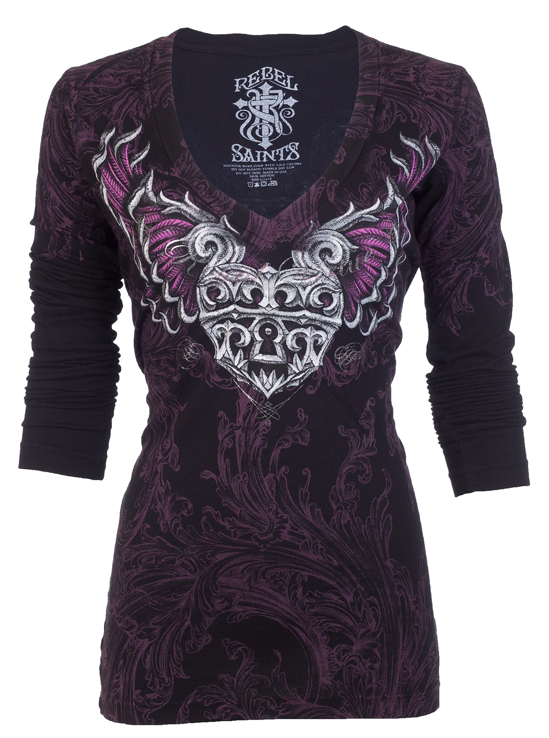Affliction REBEL SAINTS Women's Long Sleeve LOCK BOX V-Neck T-Shirt | Gothic Rock Fashion Top for Concerts & Night Out
