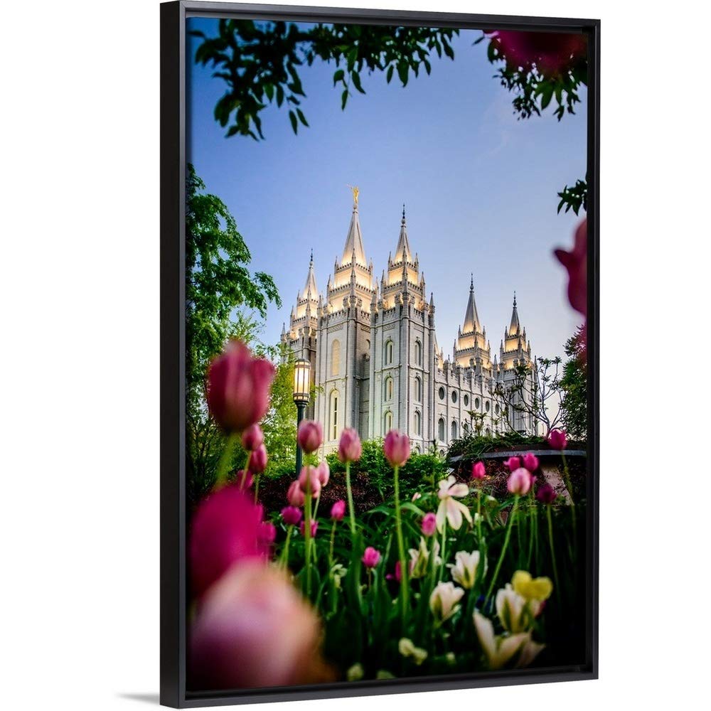 Salt Lake Temple with Tulips - Black Float Frame Canvas Wall Art - Utah Landscape Painting - Perfect for Home Decor, Office & Gift Giving