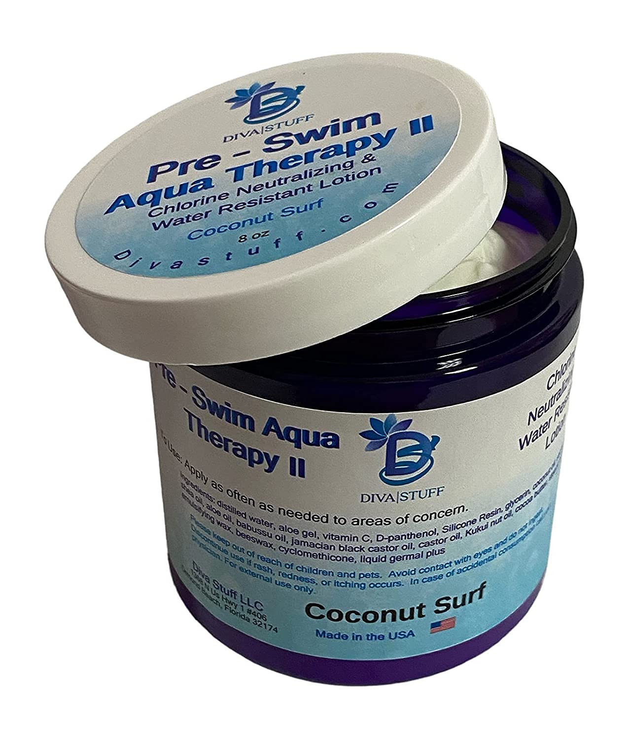 **Diva Stuff Pre-Swim Aqua Therapy Chlorine Neutralizing Body Lotion - Coconut Surf Scent, Water-Resistant Formula for Skin Protection Against Chlorine & Saltwater | Ideal for Swimming, Beach & Pool Days**