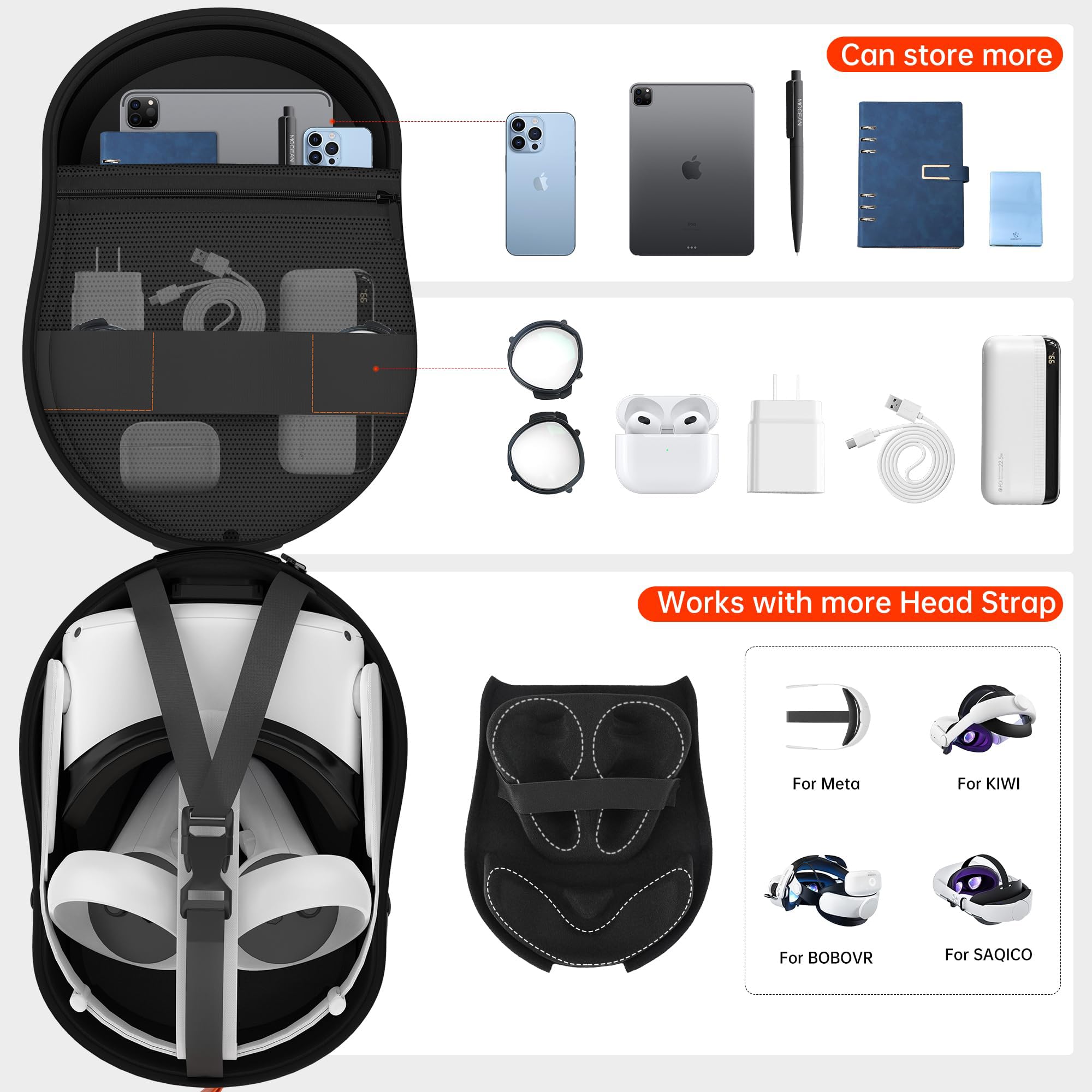 HiBloks Magnetic Charging Carrying Case for Meta Quest 2 & Quest 3S - Large Capacity Hard Travel Storage for Oculus Quest 3S Headset, Controllers & Accessories | Portable Protective Backpack for VR Gaming, Travel & Home Organization
