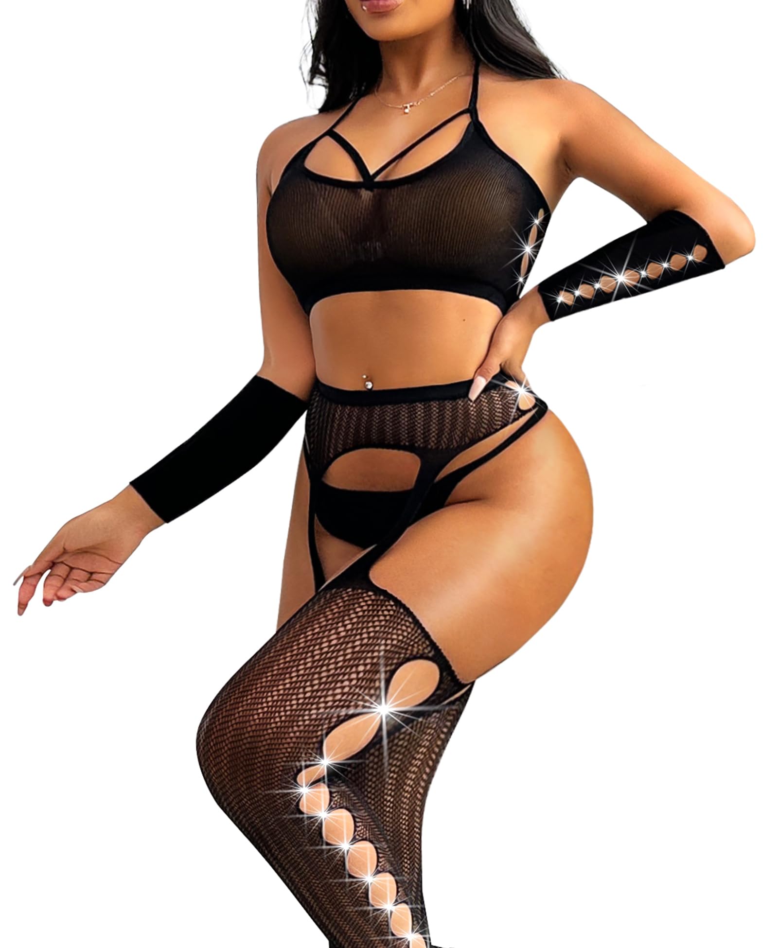 AVGAR Sexy Lingerie Set for Women - Fishnet Bodystocking Exotic Bodysuit with Garter Belt, Thigh High Stockings & Gloves | Valentine's Day Gift, Boudoir Photoshoot, Romantic Nightwear