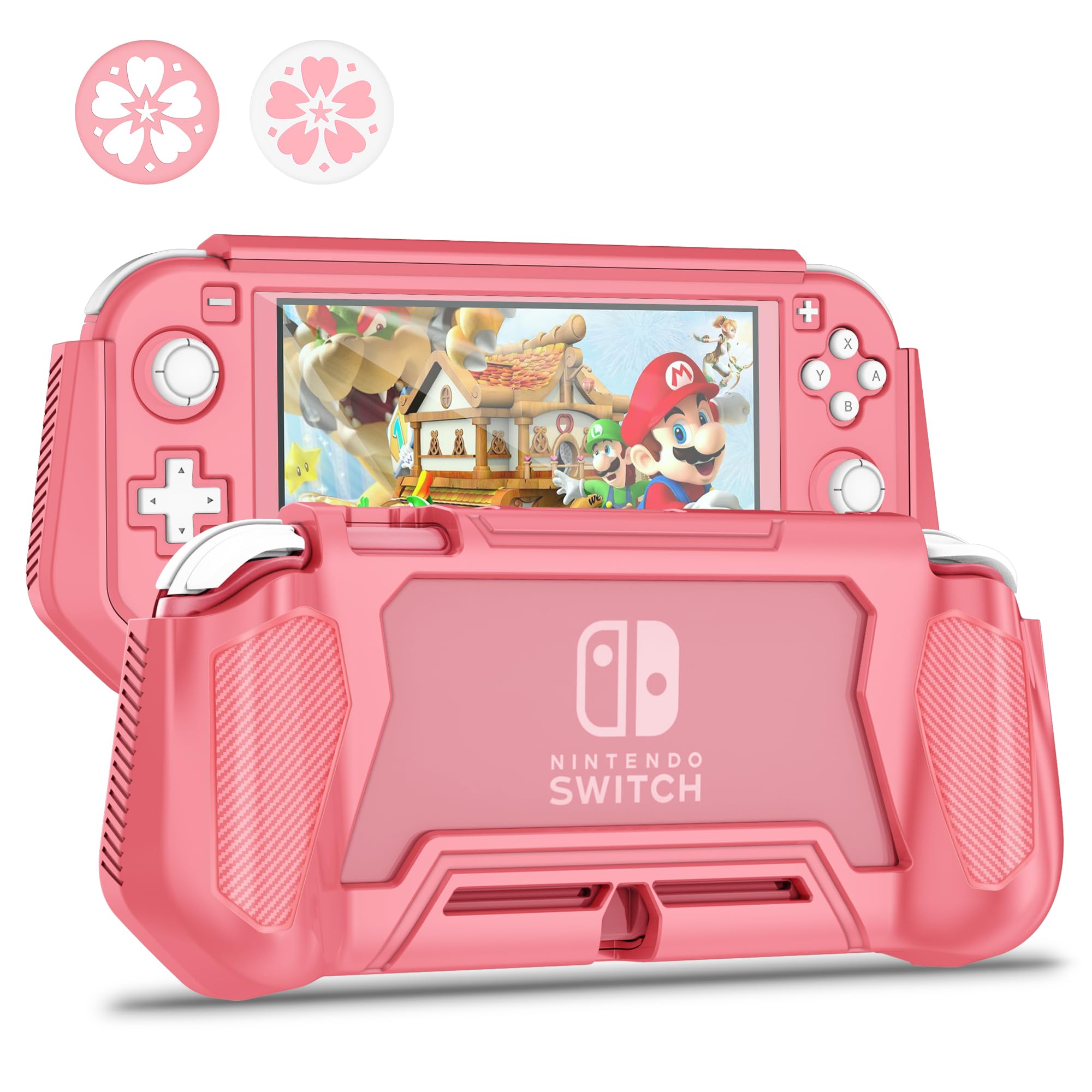 Nintendo Switch Lite Protective Case - Detachable TPU Cover with Built-in PC Screen Protector & 2 Thumb Grip Caps (Coral) | Shockproof Hand Grip Case for Enhanced Gaming Comfort - Perfect for Travel & Home Entertainment