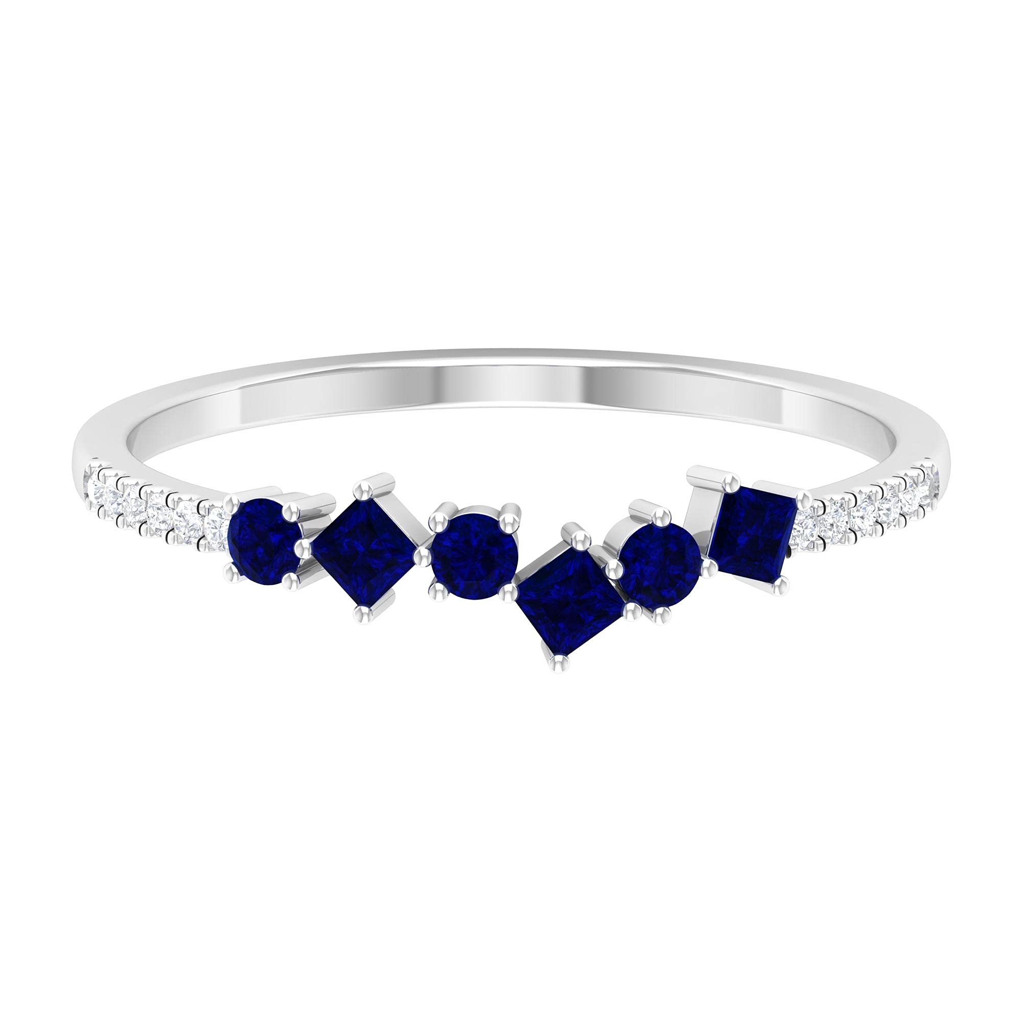 14K Solid Gold Created Blue Sapphire and Moissanite Ring - Half Eternity Band, Minimalist Wedding Ring for Women, Perfect for Engagement, Anniversary & Special Occasions