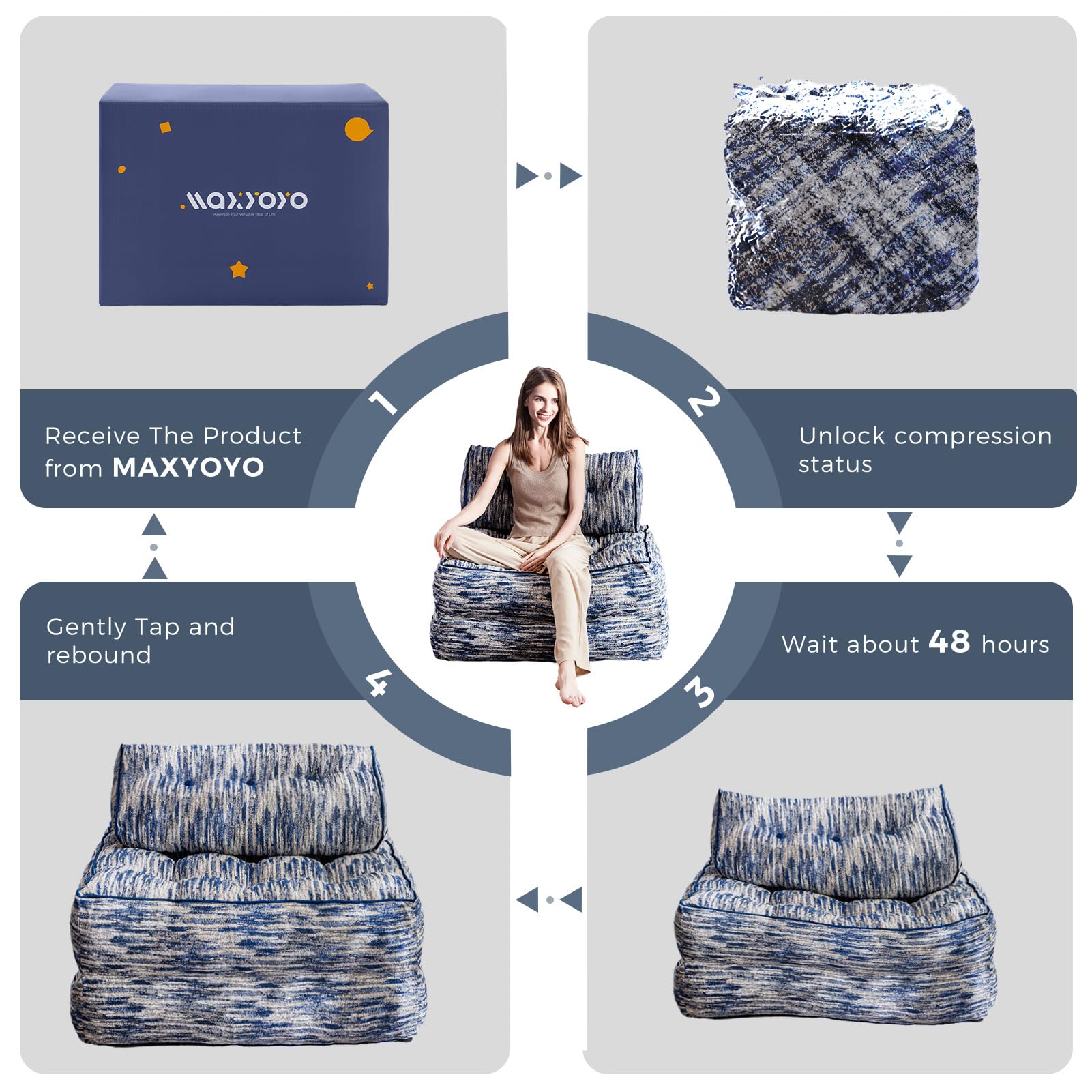 MAXYOYO Folding Sofa Bed - Convertible Sleeper Chair with Pillow, Soft Fold Out Guest Bed in Mix Blue | Perfect for Small Spaces, Living Rooms & Apartments