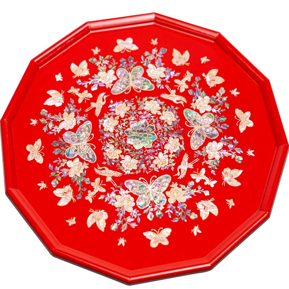February Mountain Mother of Pearl Decorative Serving Tray - Vintage Handcrafted Tray for Breakfast, Snacks & Coffee Table Decor - Perfect Housewarming Gift for Kitchen Counter & Living Room (Red)