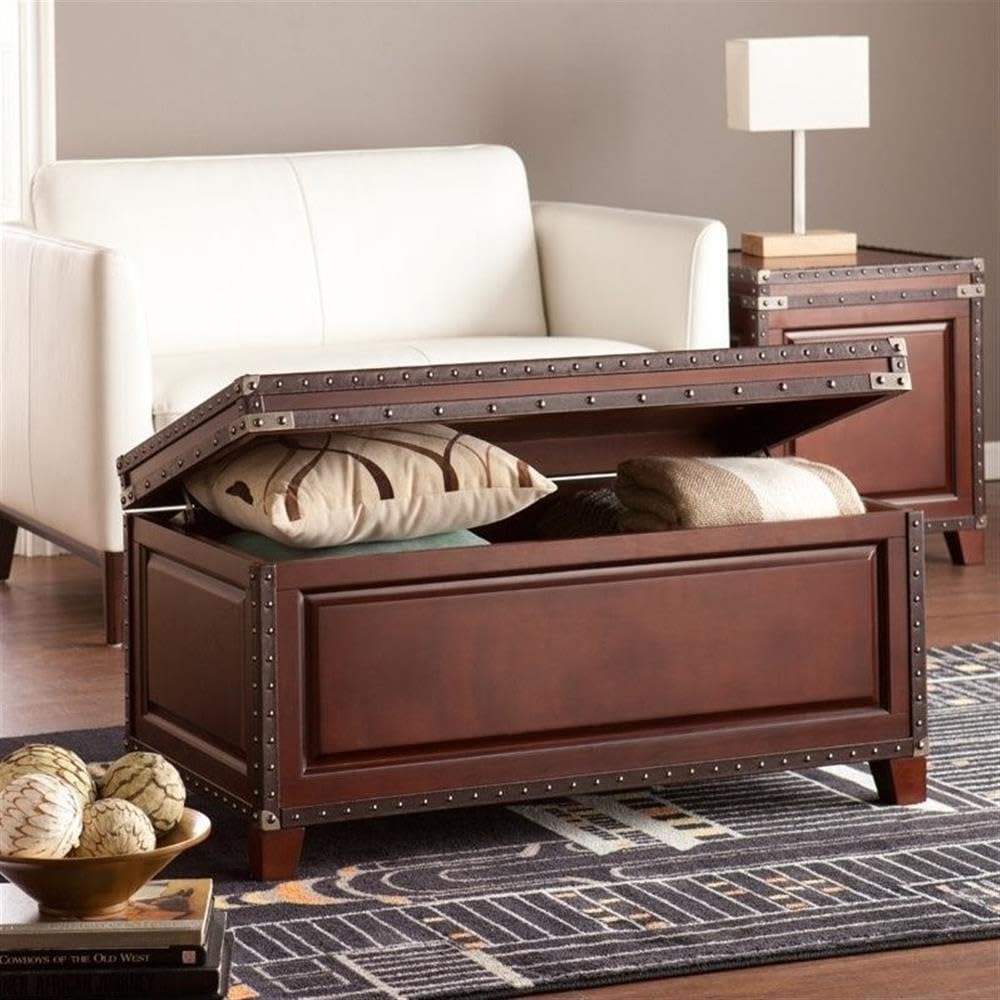 SEI Furniture Amherst Trunk Coffee Table - Dark Cherry Finish - Rustic Living Room Center Table for Home Decor