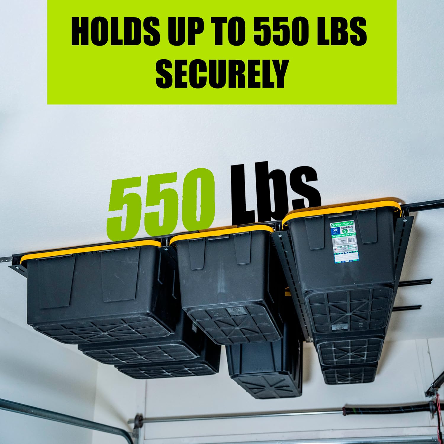 Heavy Duty Adjustable Garage Ceiling Storage Rack - Overhead Tote Slide Rail System for Garage Organization | Black (MR0001) | Perfect for Storing Bins, Seasonal Items & Sports Equipment