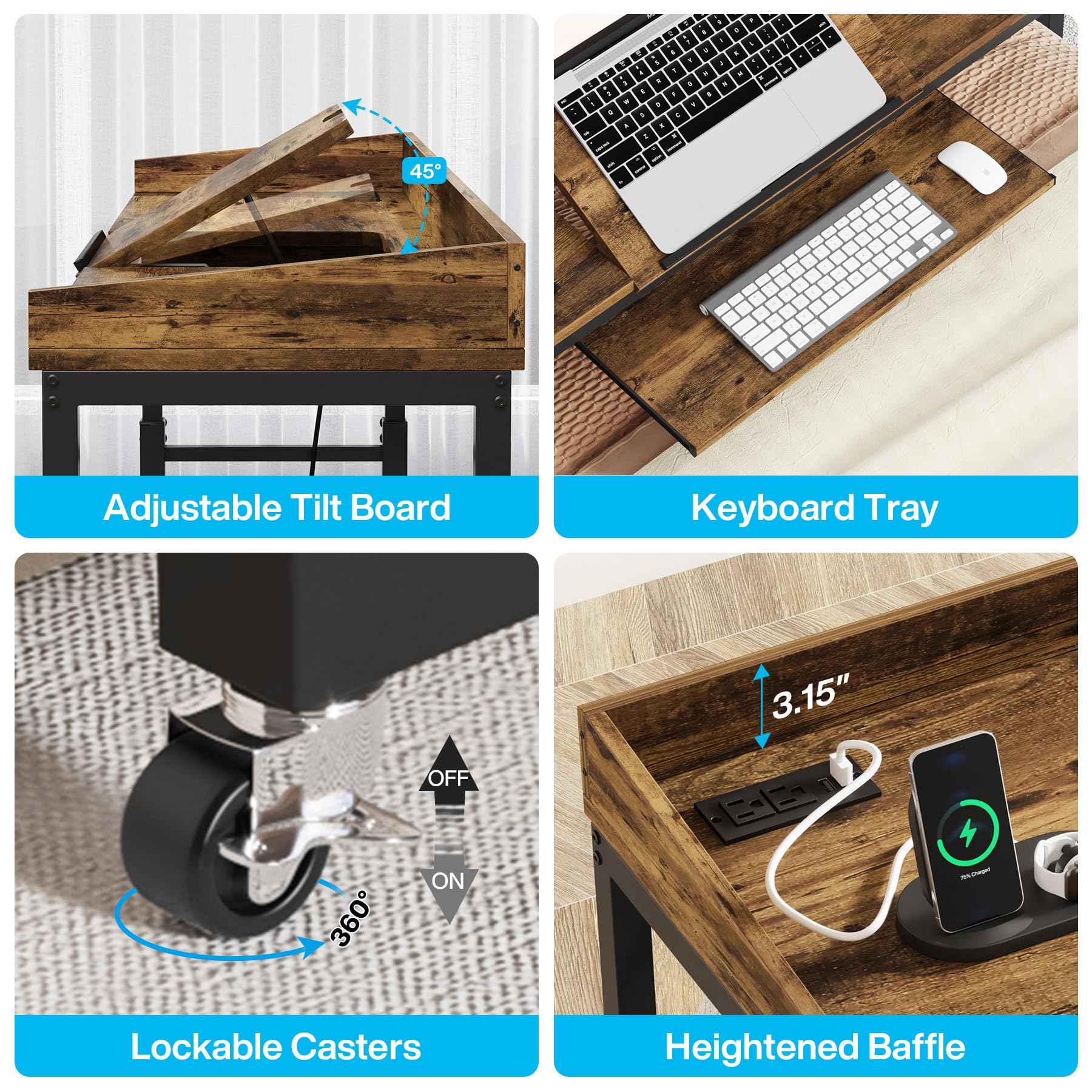 Tribesigns Adjustable Overbed Table with Wheels - Queen Size Mobile Laptop Desk with Tilt Stand, USB Ports & Power Outlets - Perfect for Hospital Beds, Home Office & Bedroom Workspace (Rustic Brown)