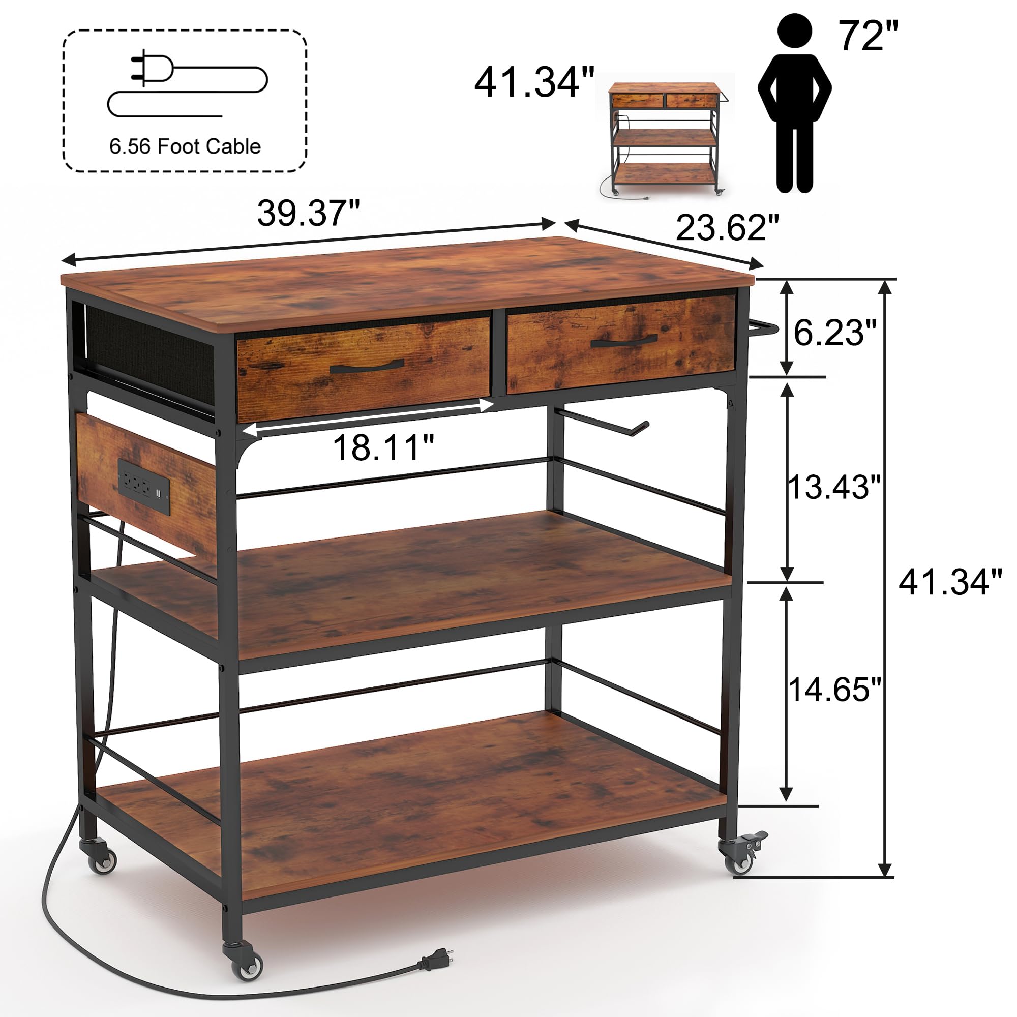 Industrial Rolling Kitchen Island Cart with Storage & Power Outlet - Mobile Kitchen Cart with Wheels for Small Spaces, Home Cooking & Food Prep Station