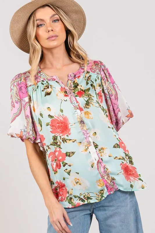 Plus Size Floral Print Mineral Wash French Terry Button Up Shirt for Women - Casual Loungewear & Spring Layering Top