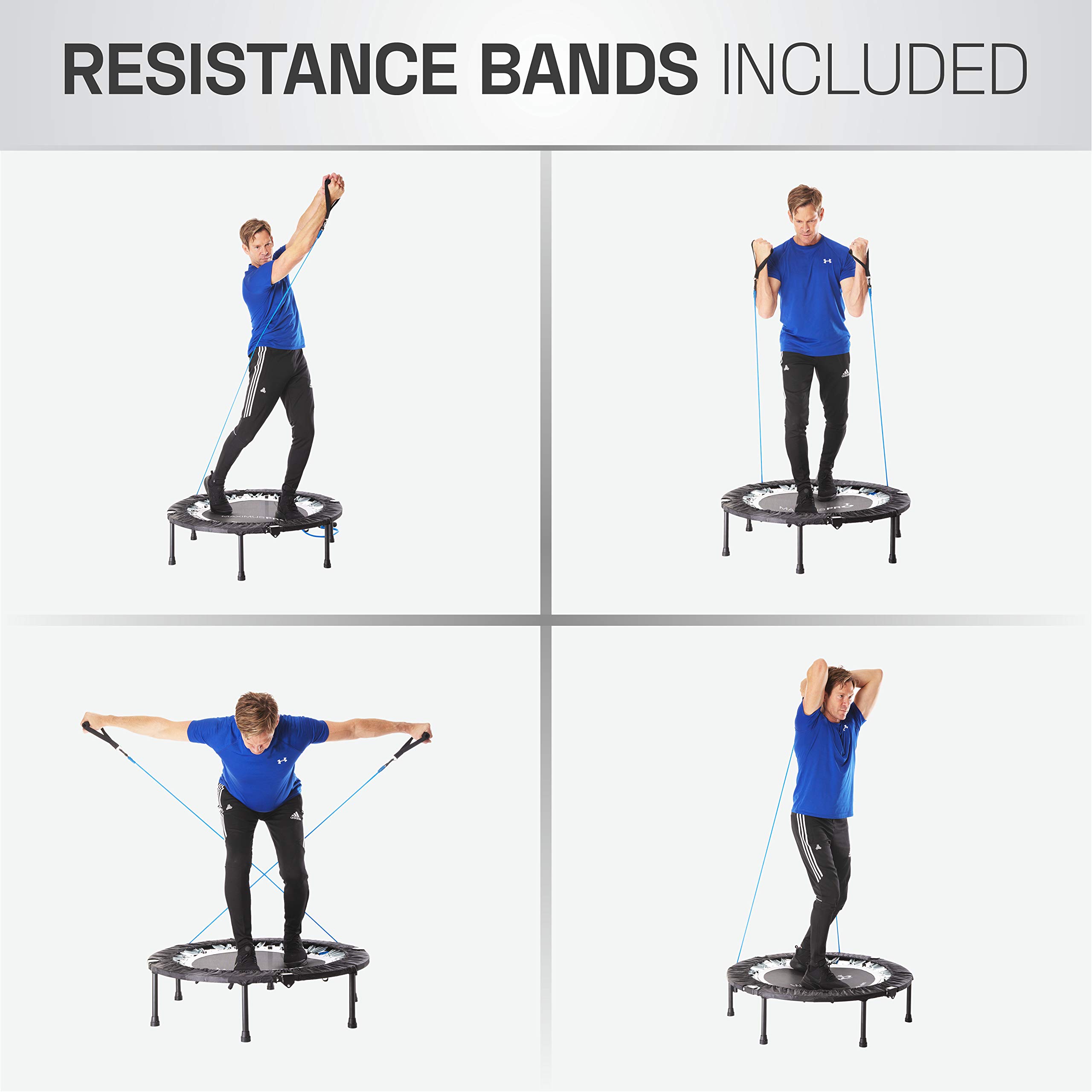 Maximus PRO Folding Rebounder Trampoline for Adults - #1 Rated Indoor Exercise Equipment with Stability Bar | Fitness, Weight Loss & Cardio Workouts | Includes Free Storage Bag, Resistance Bands & Online/DVD Workouts | Pre-Assembled | Perfect for Home Gym, Small Spaces & Low-Impact Training