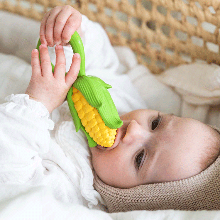 Organic Corn Baby Rattle & Teether Toy by Oli and Carol - Natural Wooden Sensory Toy for Infants 0-12 Months, Perfect for Soothing Teething Pain & Early Development Playtime at Home or On-the-Go