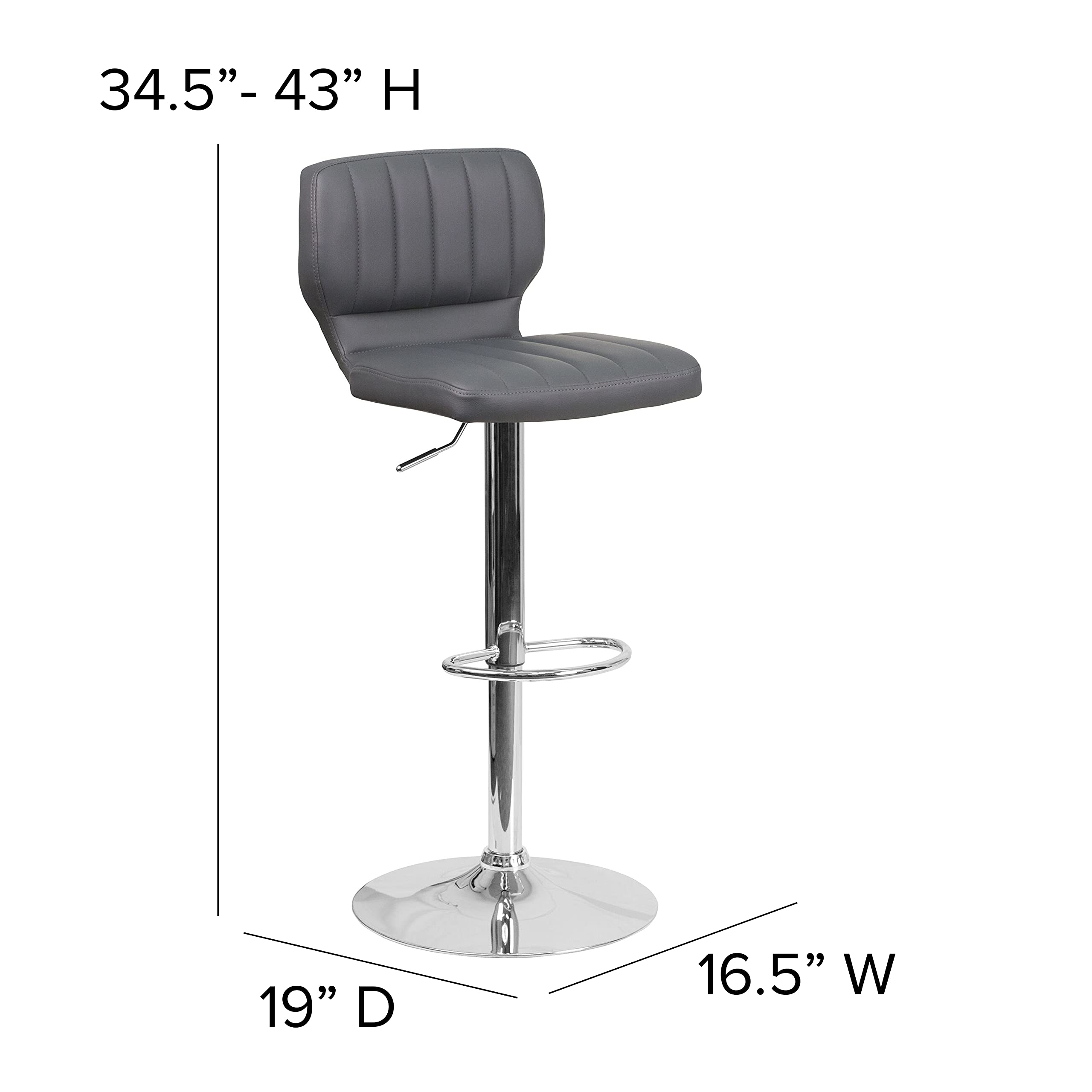 EMMA + OLIVER Adjustable Height Bar Stool with Vinyl Upholstery & Vertical Stitch Back - Gray Modern Kitchen Counter Stool for Dining, Bar, or Breakfast Nook