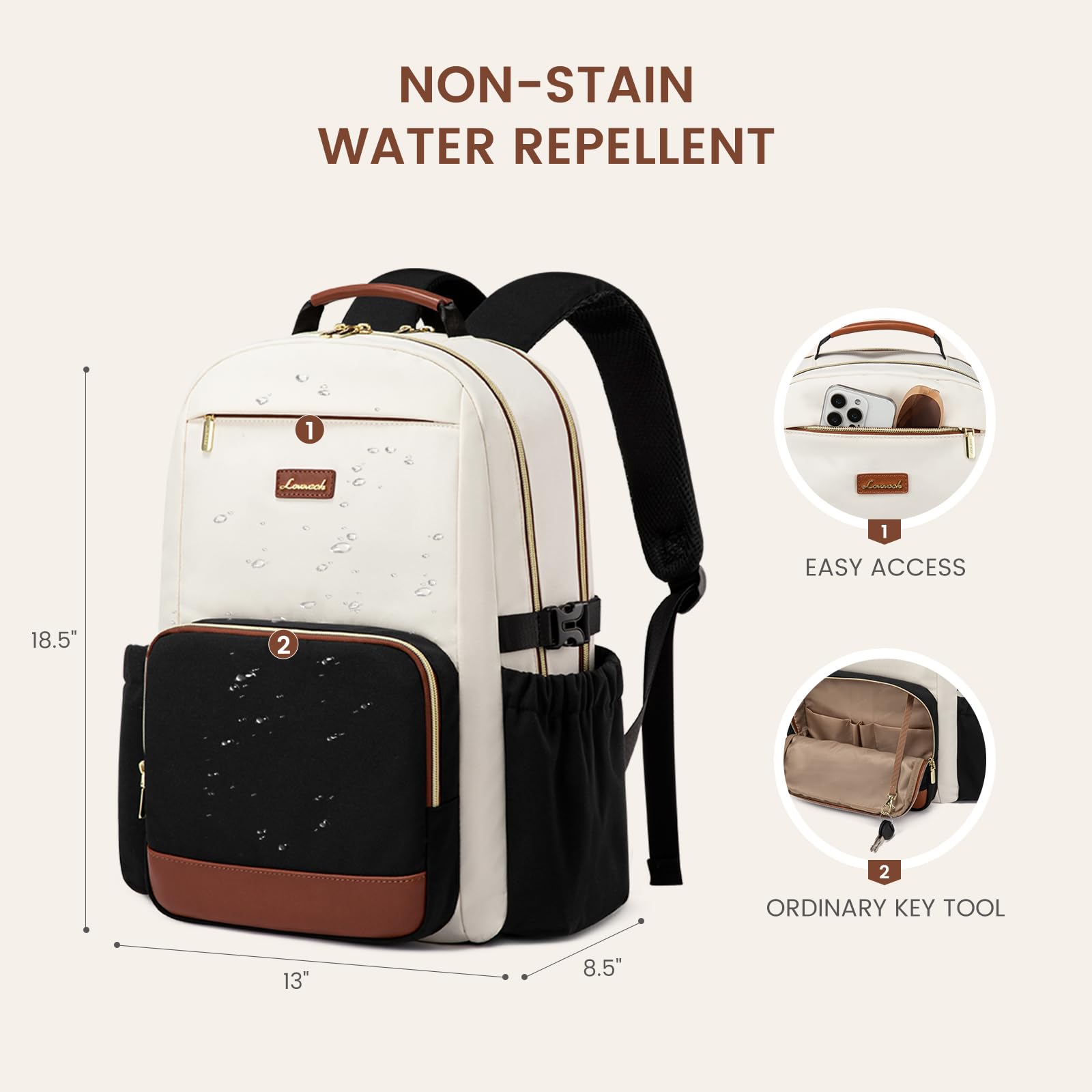 LOVEVOOK Women's 17 Inch Laptop Backpack - Large Capacity Waterproof Travel Computer Bag with Pouch Pocket for Cup - Business Work Backpack for College, Teacher & Office Use - Beige, Black & Brown Color Options