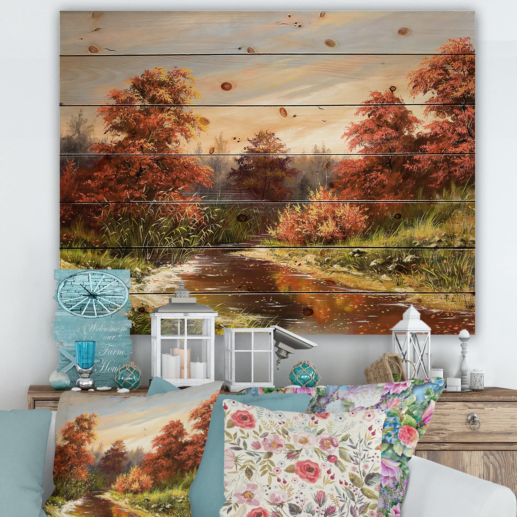 DesignQ Orange Autumn Lake House Wood Wall Decor - Large Landscape Wood Panel Art Printed on Natural Pine - Rustic Cabin, Farmhouse & Living Room Wall Art for Cozy Home Decor
