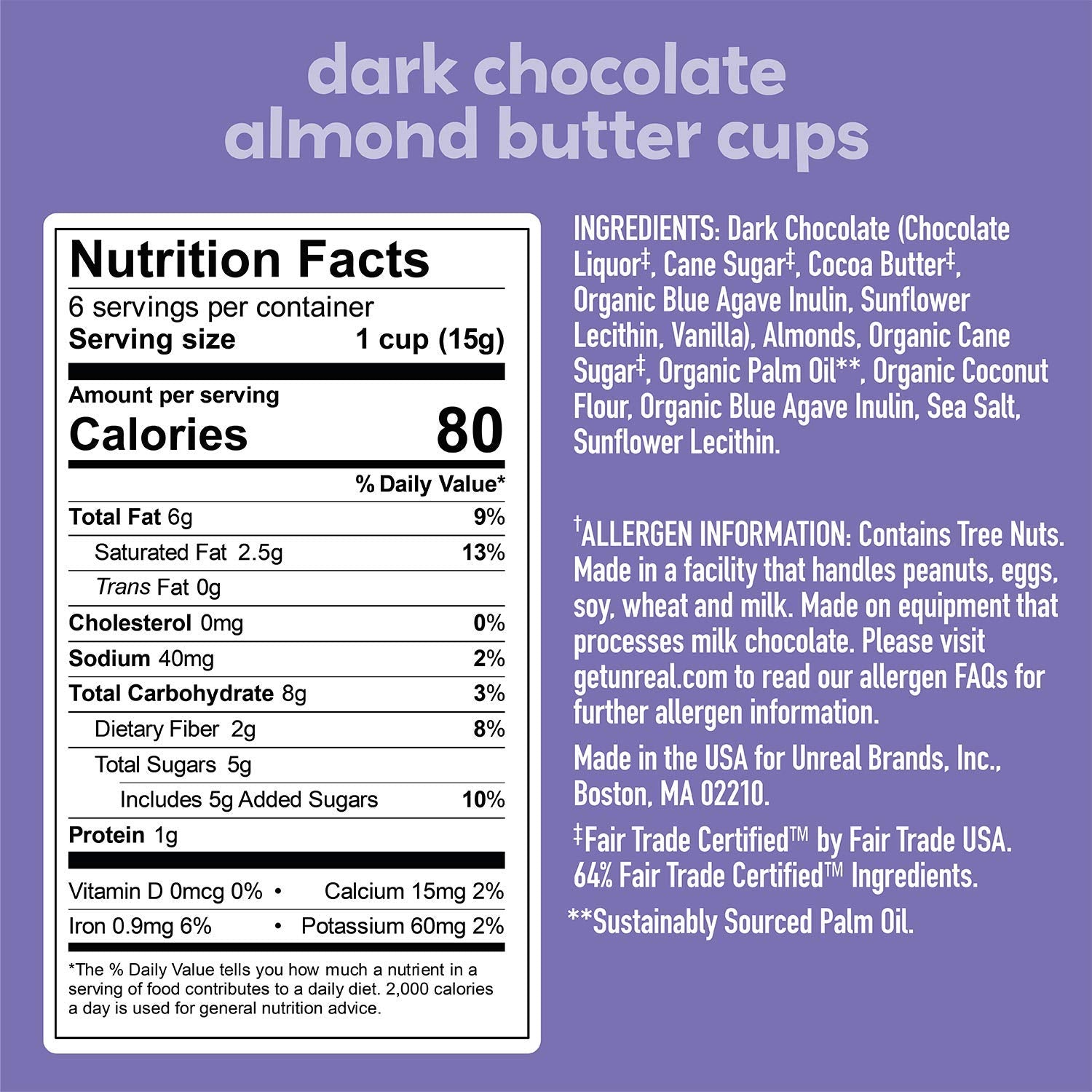 UNREAL Mini Dark Chocolate Almond Butter Cups - Gluten Free, Vegan, Non-GMO Snacks for Healthy Dessert, Office Treats & On-the-Go Energy Boost