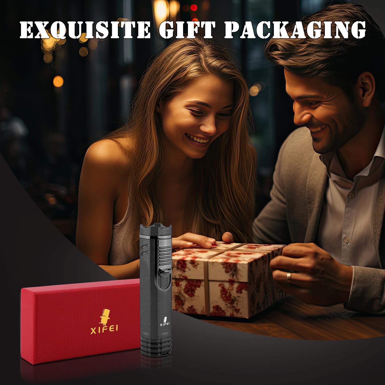 Premium 4-in-1 Refillable Butane Torch Lighter with 3-Angled Jet Flames, Cigar Puncher & Draw Enhancer - Sand Black | Perfect for Cigar Aficionados, Outdoor Smoking & Luxury Gifts