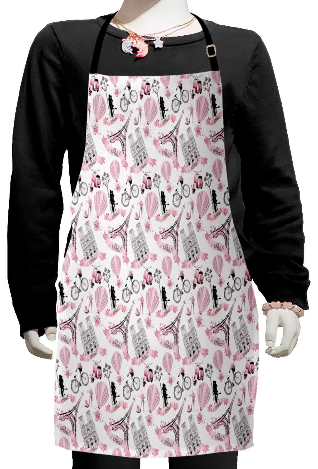 Ambesonne Eiffel Tower Apron - Romantic Parisian Love Theme with Pink Blossoms, Adjustable Ties for Baking & Painting | Small Size Rose Black White Kitchen Apron | Perfect for French-Themed Parties, Bridal Showers & Cooking Enthusiasts