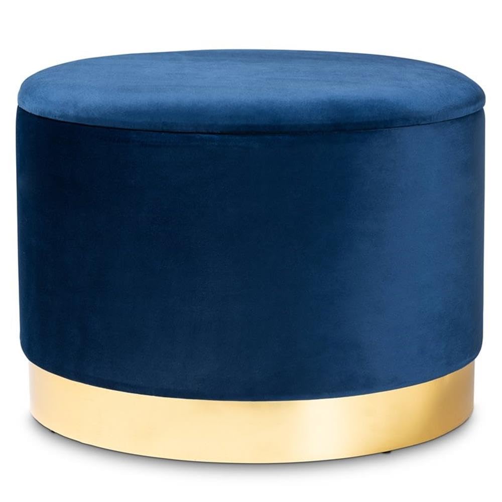 BOWERY HILL Navy Blue Velvet Upholstered Storage Ottoman with Gold Finish - Luxurious Footrest, Coffee Table & Extra Seating for Living Room, Bedroom or Office