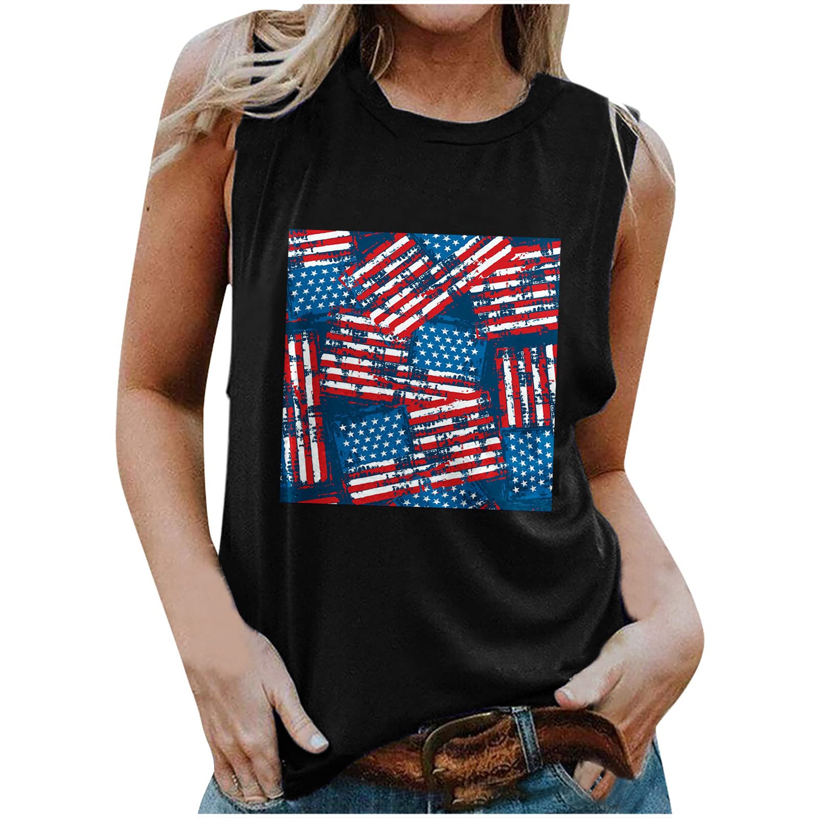 American Flag Printed Women's Tank Tops - USA Stars & Stripes Sleeveless T-Shirt for Teen Girls | Summer Fashion, Casual Wear, Patriotic Outfits