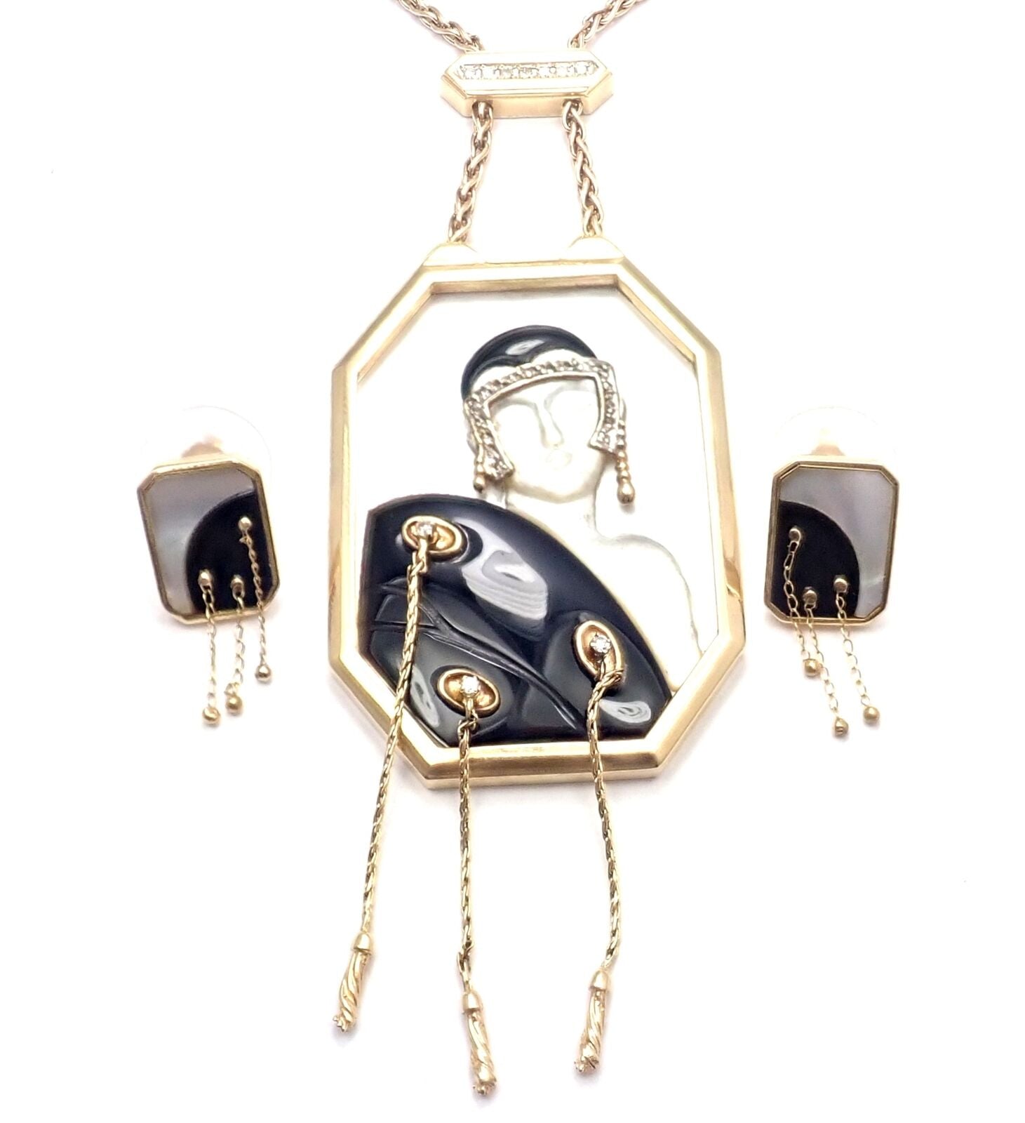 14k Yellow Gold Diamond Onyx Mother of Pearl Necklace & Earrings Set for Women - Elegant Jewelry Gift for Wedding, Anniversary & Special Occasions