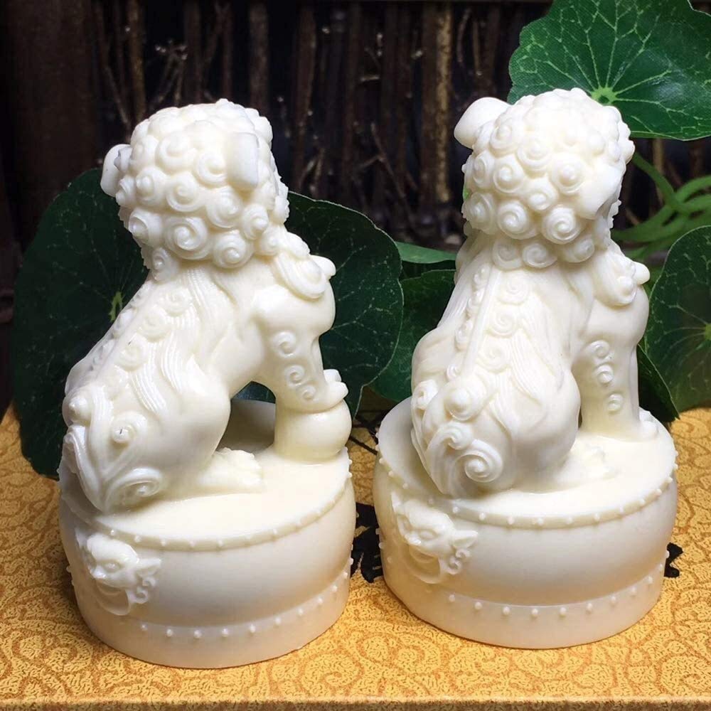 Chinese Feng Shui Guardian Lion Statues - Pair of Ivory Beijing Lions for Home & Office Decor, Wealth & Luck Attraction - Perfect for Garden, Patio, and Entryway Protection