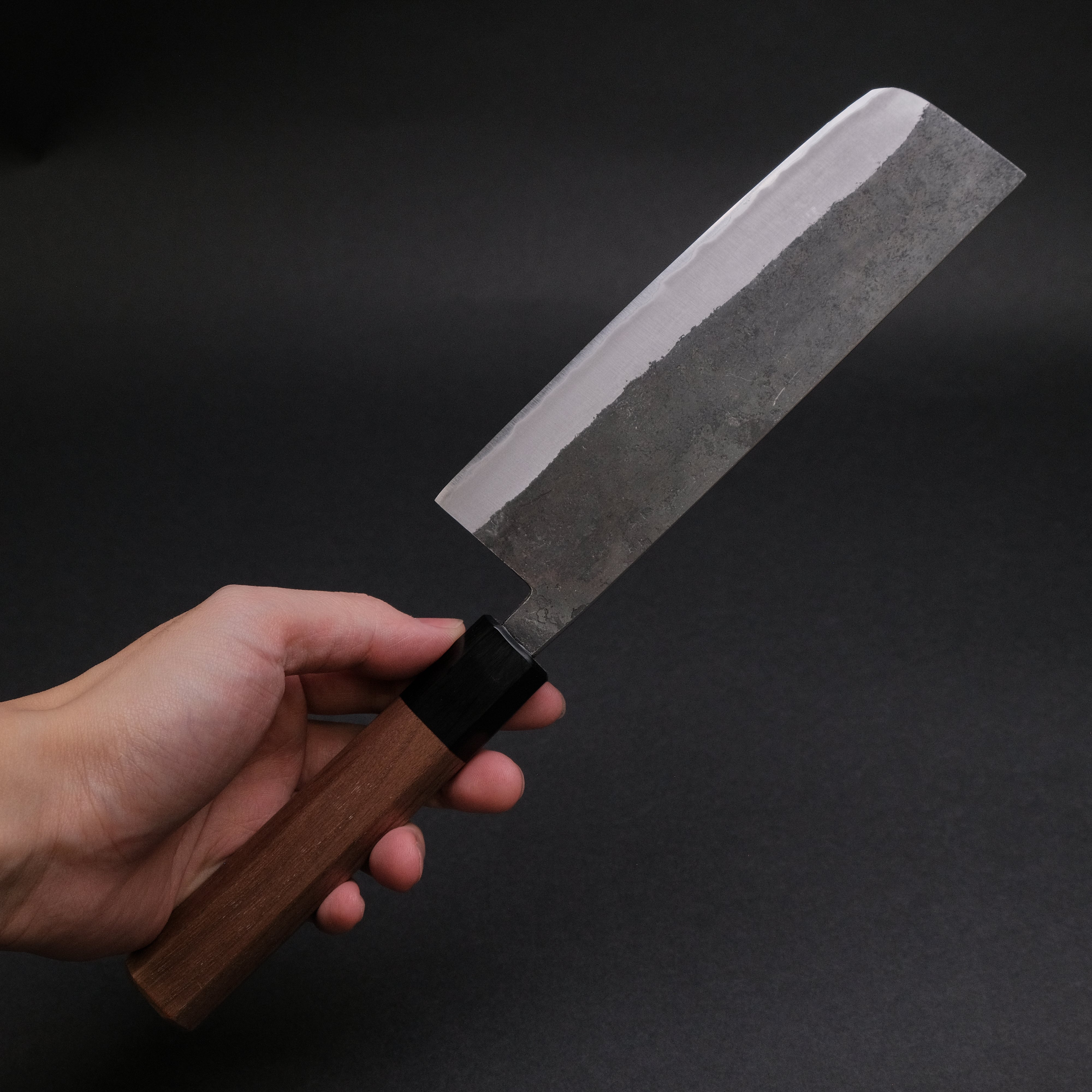 Hitohira Harima Forged Blue #2 Stainless Clad Nakiri Knife - Kurouchi Finish with Walnut Handle - Perfect for Vegetable Chopping, Slicing & Food Prep in Professional & Home Kitchens
