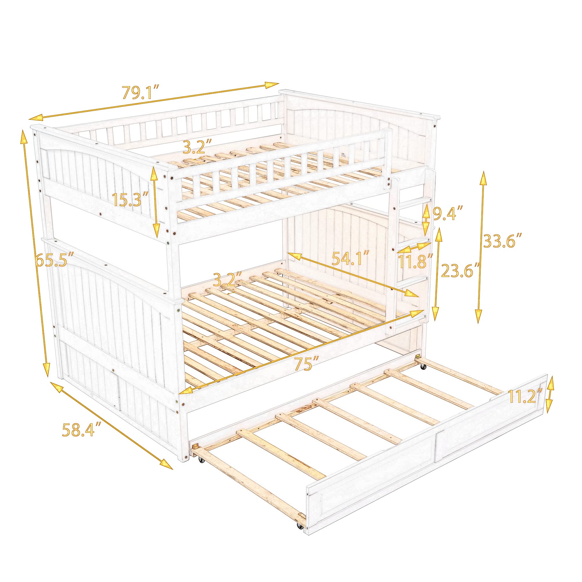 Harper & Bright Designs Full Over Full Bunk Beds with Twin Trundle - Detachable Wooden Bunk Bed Frame with Safety Guard Rails, No Box Spring Needed (Brushed Gray) - Perfect for Kids' Bedroom, Guest Room & Space-Saving Solutions