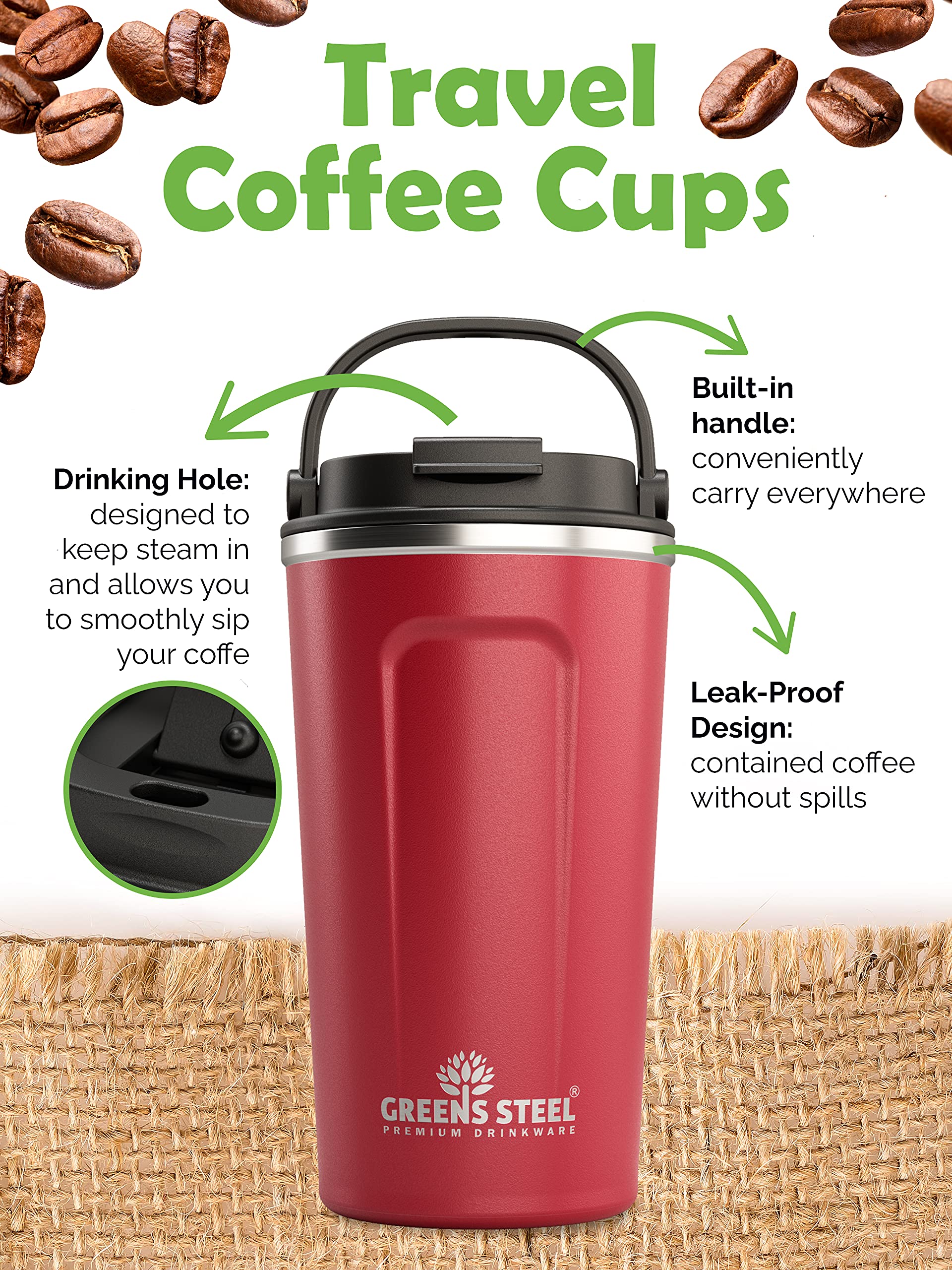 Premium 12 oz Stainless Steel Insulated Coffee Mug - Leak-Proof Travel Tumbler for Hot & Cold Drinks - Red Vacuum Flask with Lid & Handle - Perfect for Office, Commuting & Outdoor Adventures