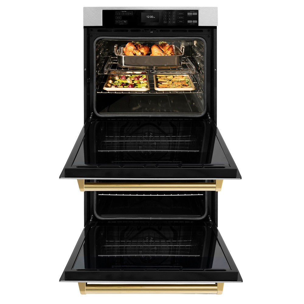 ZLINE Autograph Edition 30 Inch Stainless Steel Professional True Convection Double Wall Oven with Air Fry & Self-Clean - Polished Gold Handles (WADZ 30 G) - Perfect for Home Chefs & Modern Kitchens
