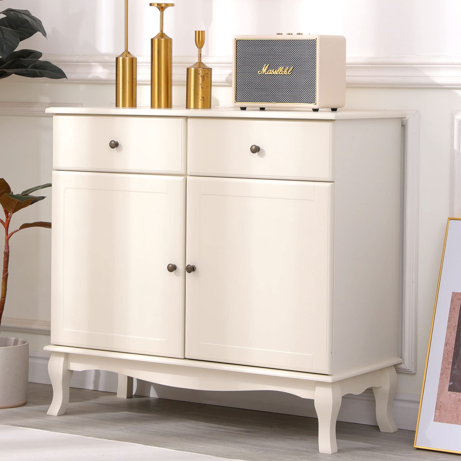 Vintage Curved Leg Accent Cabinet with 2 Drawers & 2 Doors - Retro Storage Sideboard Buffet for Living Room, Bedroom, Kitchen & Entryway - Perfect for Home Decor, Small Space Storage & Displaying Collectibles
