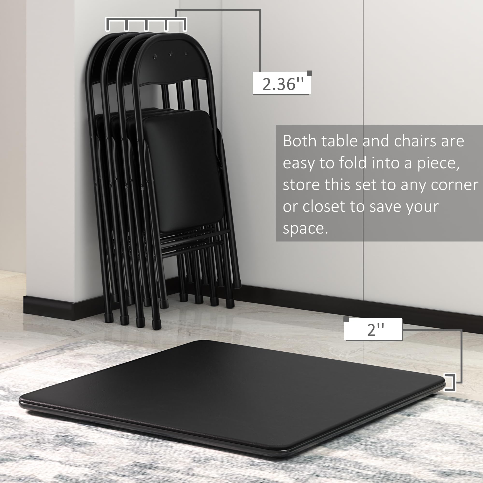 VECELO 5-Piece Folding Card Table and Chairs Set - Foldable Game Table with Padded Upholstery, Sturdy Metal Frame in Black - Perfect for Poker Nights, Family Gatherings & Outdoor Events
