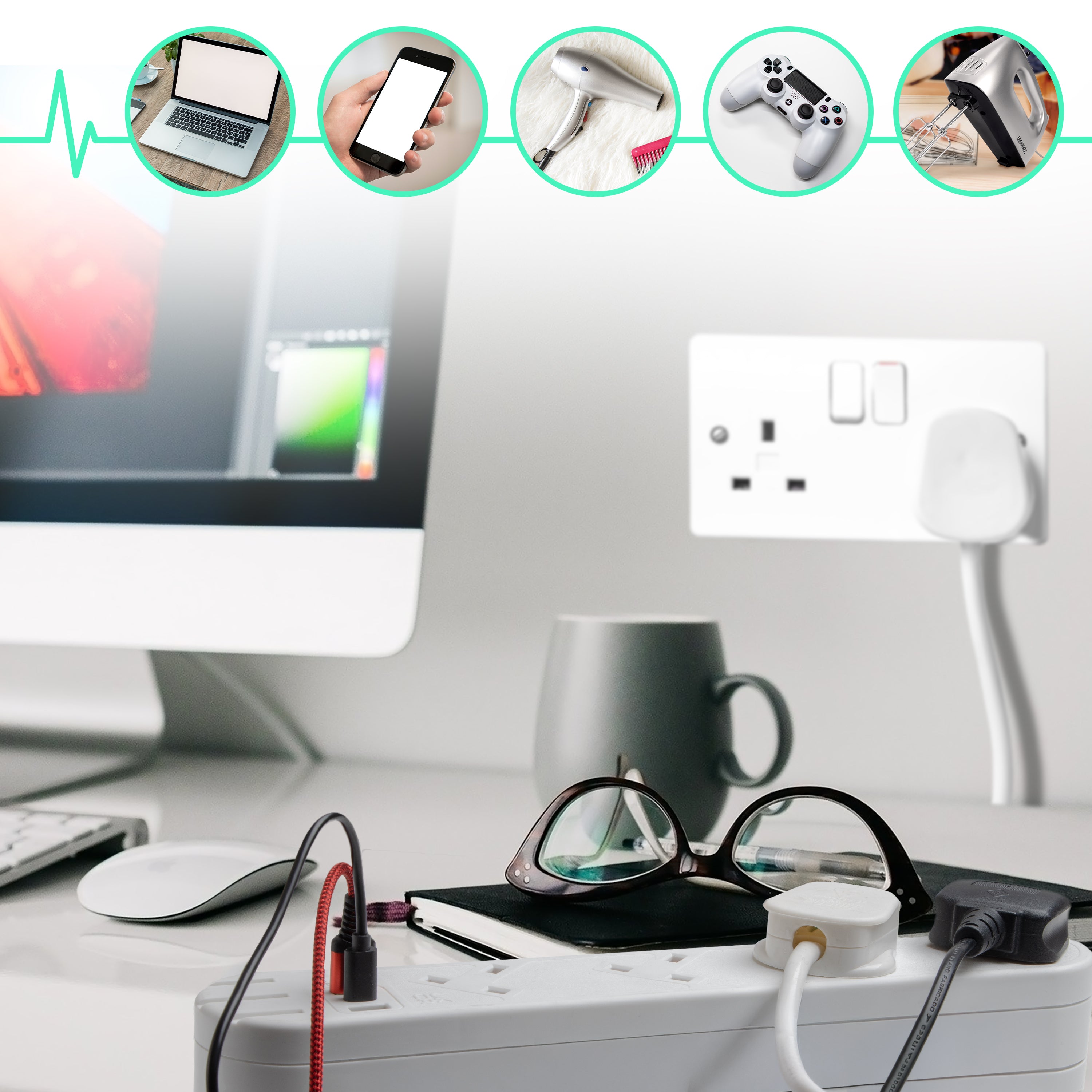 Duronic 8-Way Surge Protected Extension Lead with 2 USB Ports & 1 USB-C | UK Plug Multi Outlet Tower | Long White Power Cord for Home, Office & Travel Charging
