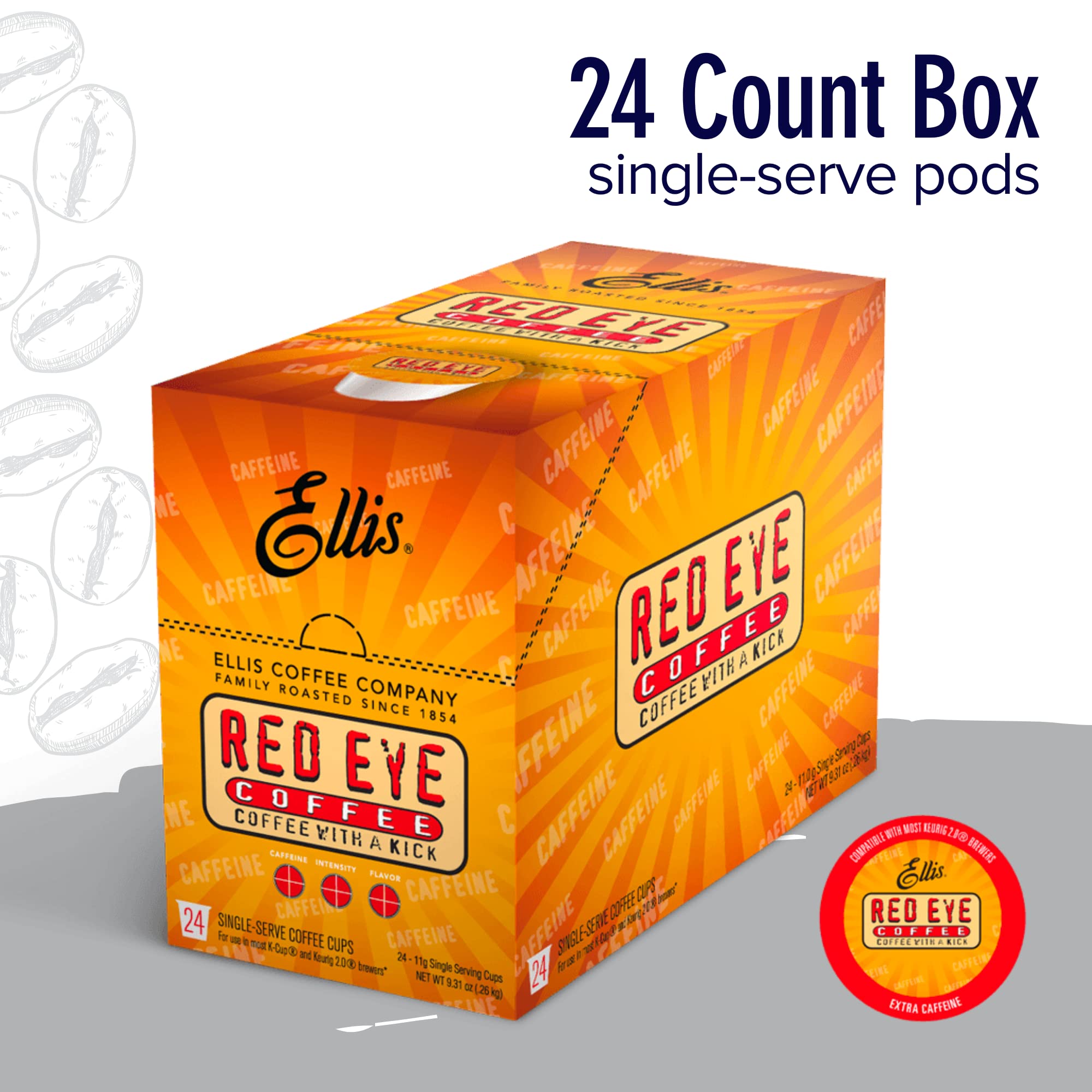 Ellis Coffee Red Eye Dark Roast Pods - 24 K-Cups for Keurig Brewers - Bold Morning Boost