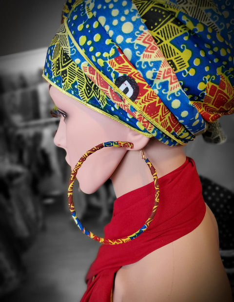 Blue Gold and Red African Print Earrings DP3849HE - Stylish Handmade Beaded Dangle Earrings for Women, Perfect for Parties, Weddings & Cultural Events