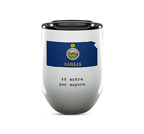 12 Oz Insulated Wine Tumbler with Lid - Kansas Sunflower State Gifts & Souvenirs - USA State Motto & Flag Drinkware - Perfect for College Graduation, Picnics & Outdoor Events