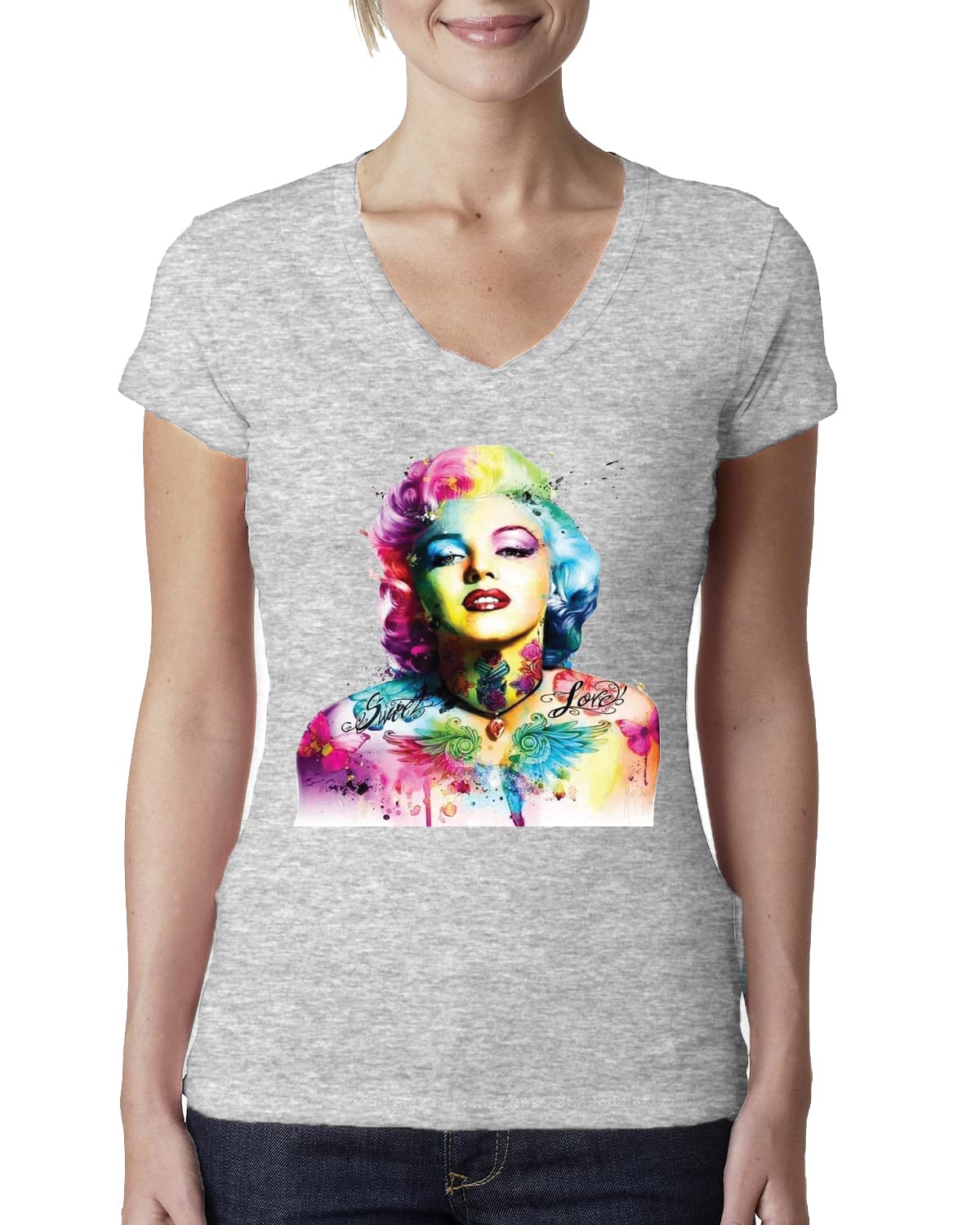 Vibrant Marilyn Multicolor Pop Art T-Shirt for Women - Junior Fit V-Neck Tee - Perfect for Casual Wear, Pop Culture Events & Retro Fashion